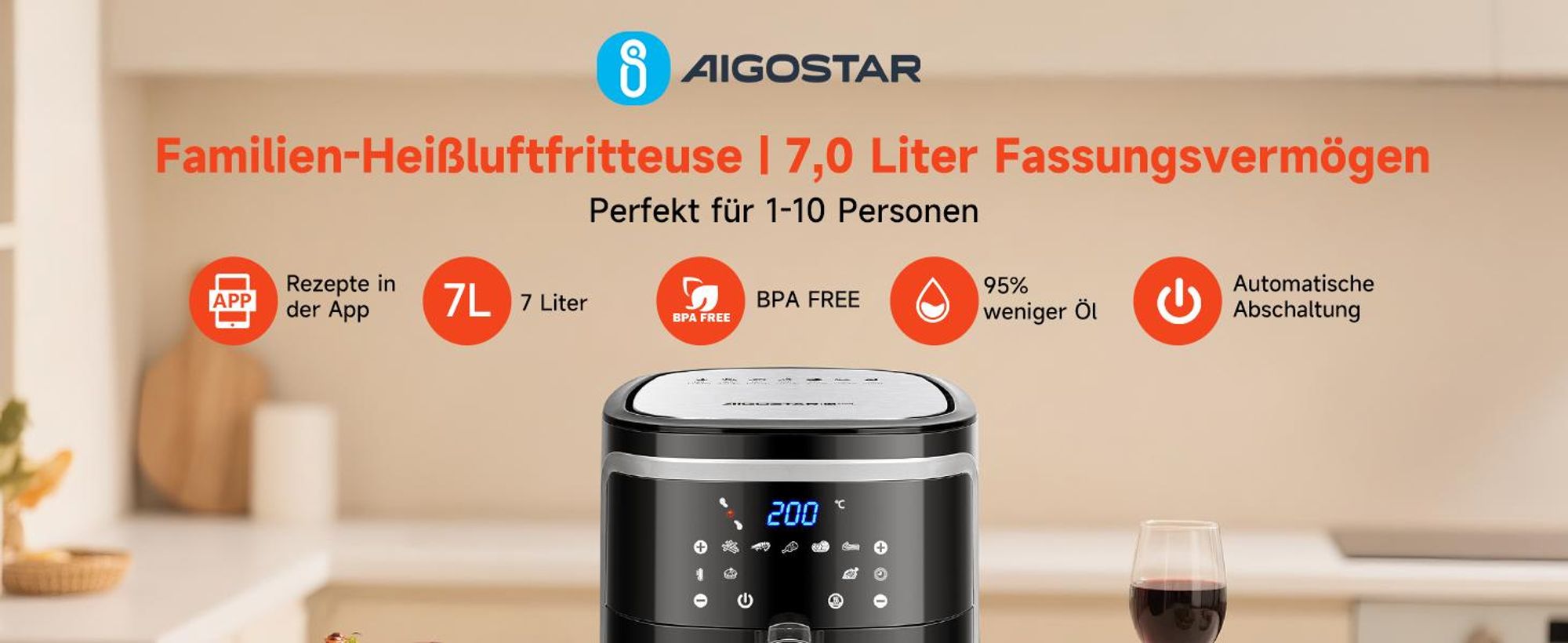 Aigostar Cube Heißluftfritteuse 7L 1900W LED Display Schwarz