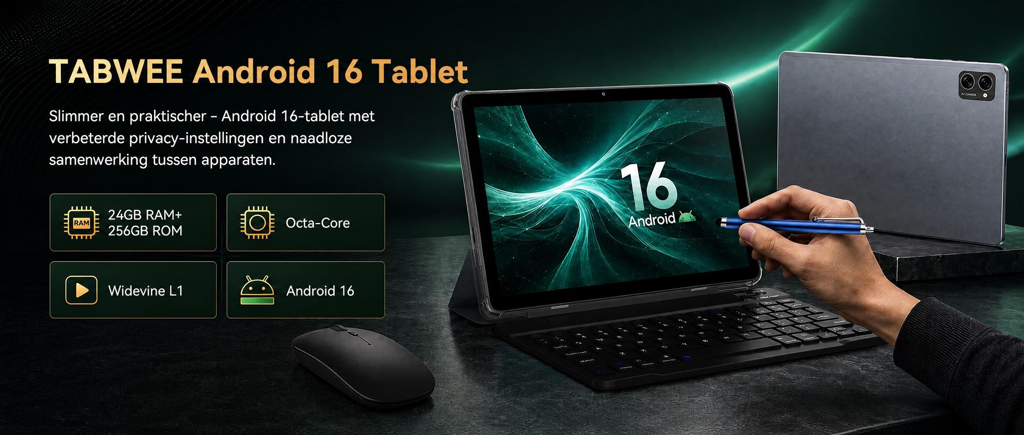 TABWEE Android 16-tablet (10,1 inch), 24 GB RAM (8+16 uitbreidbaar) + 256 GB ROM (2 TB TF) inclusief accessoires, Widevine L1, 5G-wifi, Gemini AI Magi