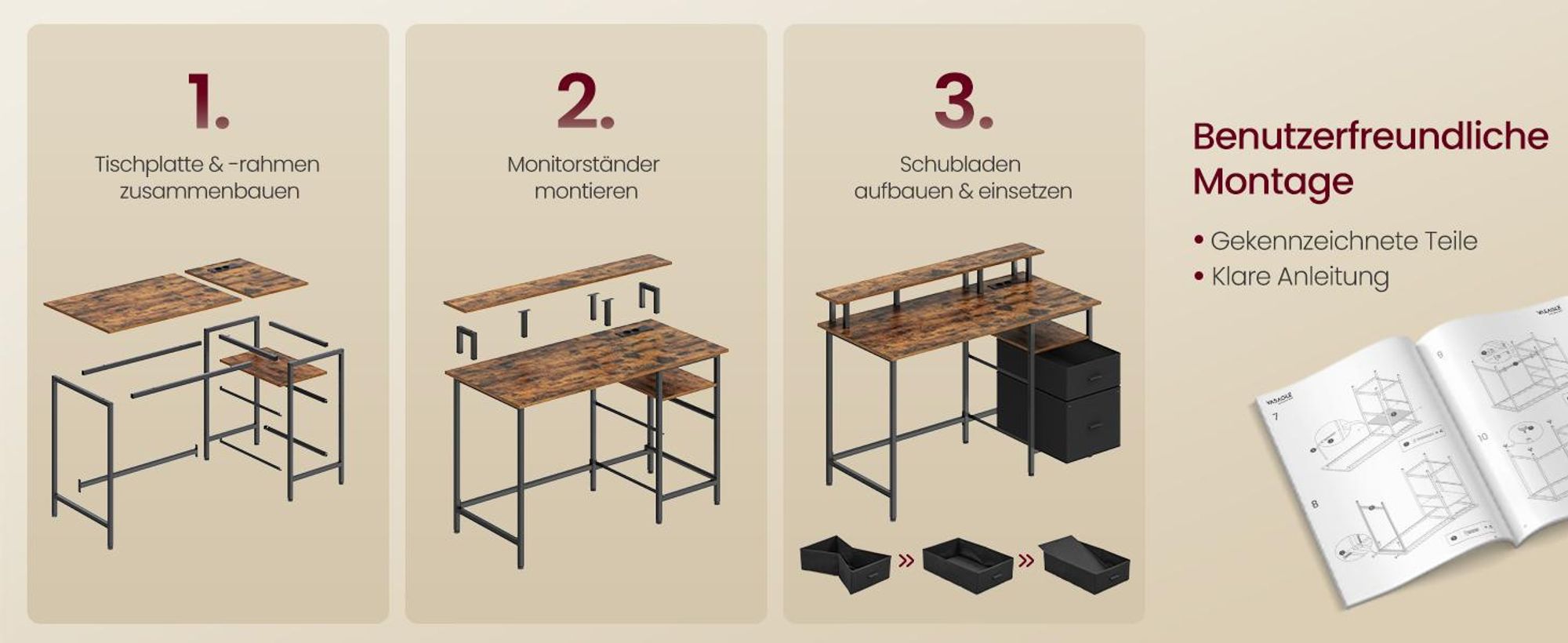 VASAGLE Schreibtisch mit Stoff-Schubladen, Computertisch mit Monitorständer, Bürotisch, 2 AC-Steckdosen, 2 USB-A-Anschlüsse, für Homeoffice, 140 cm