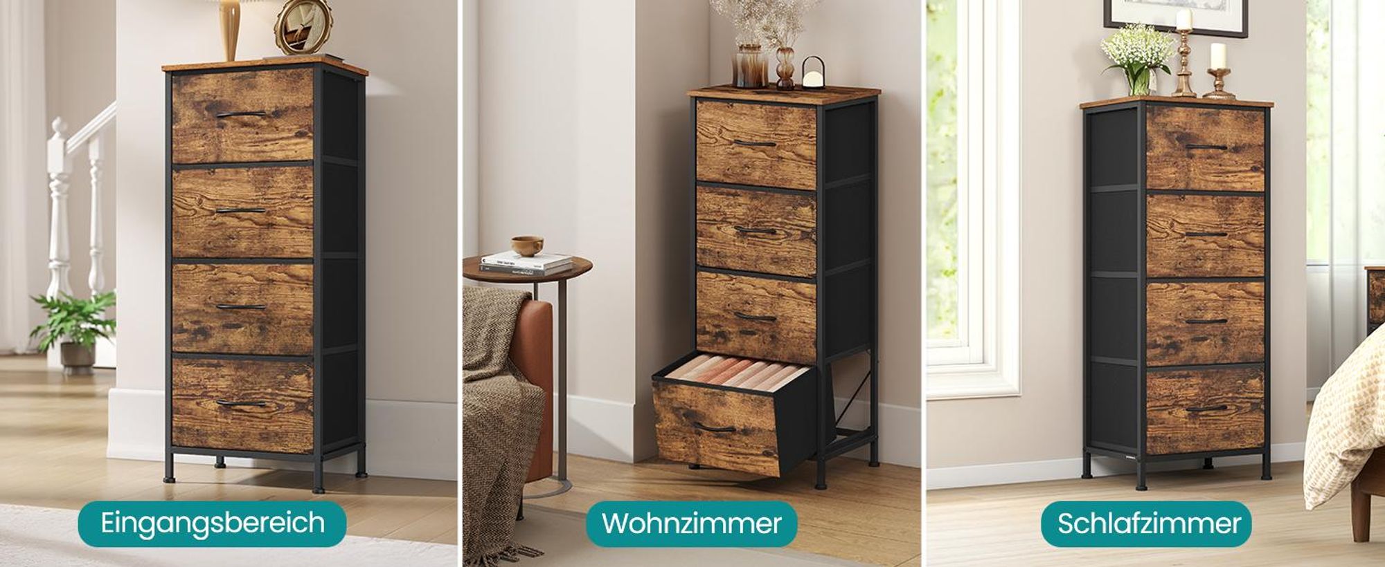 SONGMICS Kommode, Schrank, 4 Stoffschubladen, Aufbewahrungsschrank, Stahl