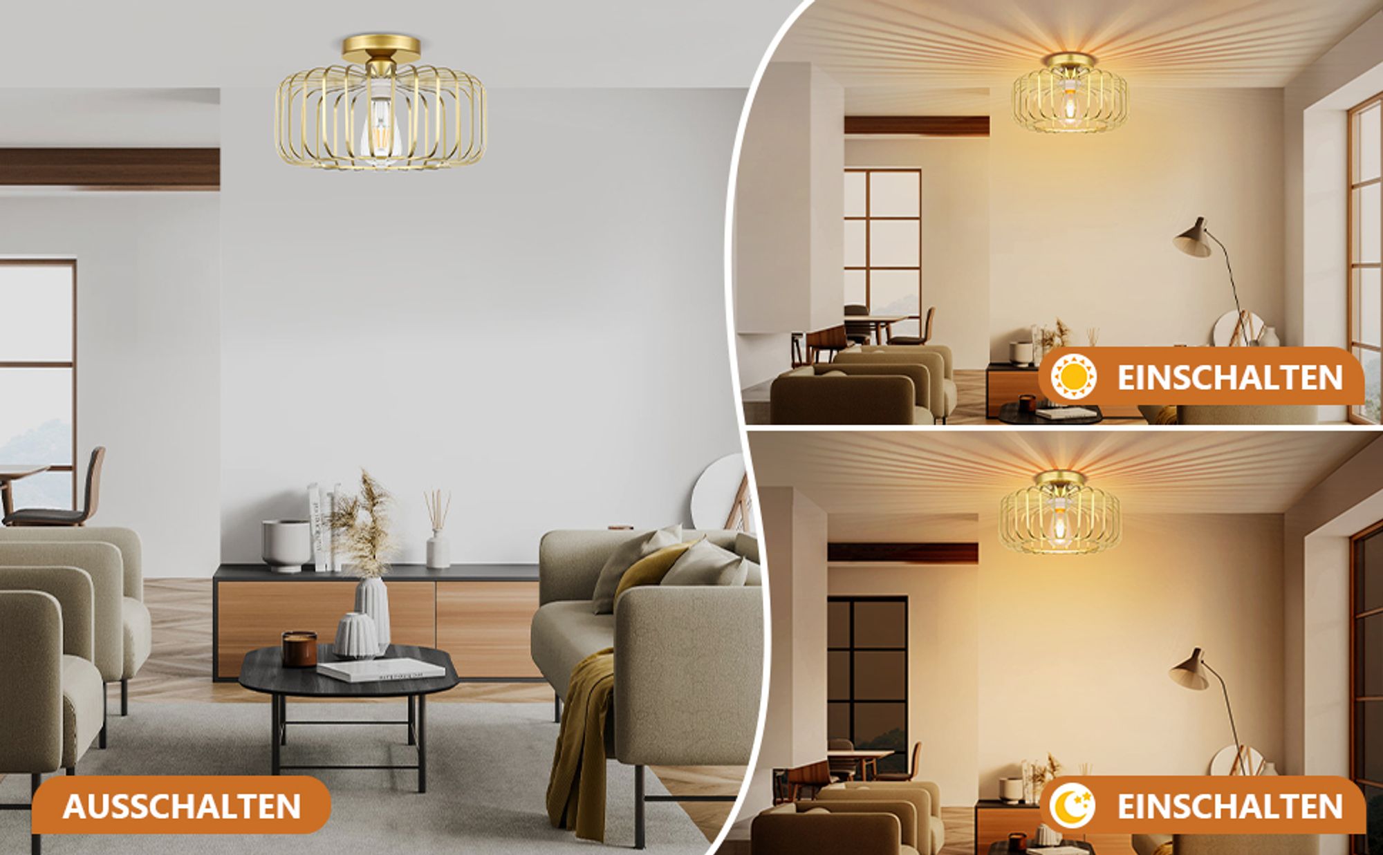 Deckenleuchte Modern Gold Metall Deckenlampe E27 Fassung Runde Lampenschirm mit LED Glühbirne für Wohnzimmer Schlafzimmer Esszimmer Flur