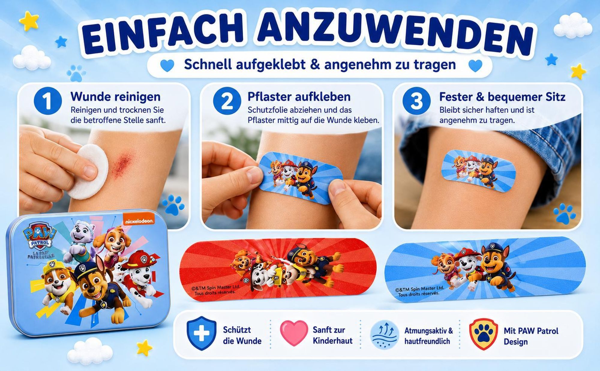 Paw Patrol Kinderpflaster Lizensiertes Produkt - Metall-Box - 24 Pflaster - Schönes Design Pflaster Aufbewahrungsbox für Kinder - 1 Box