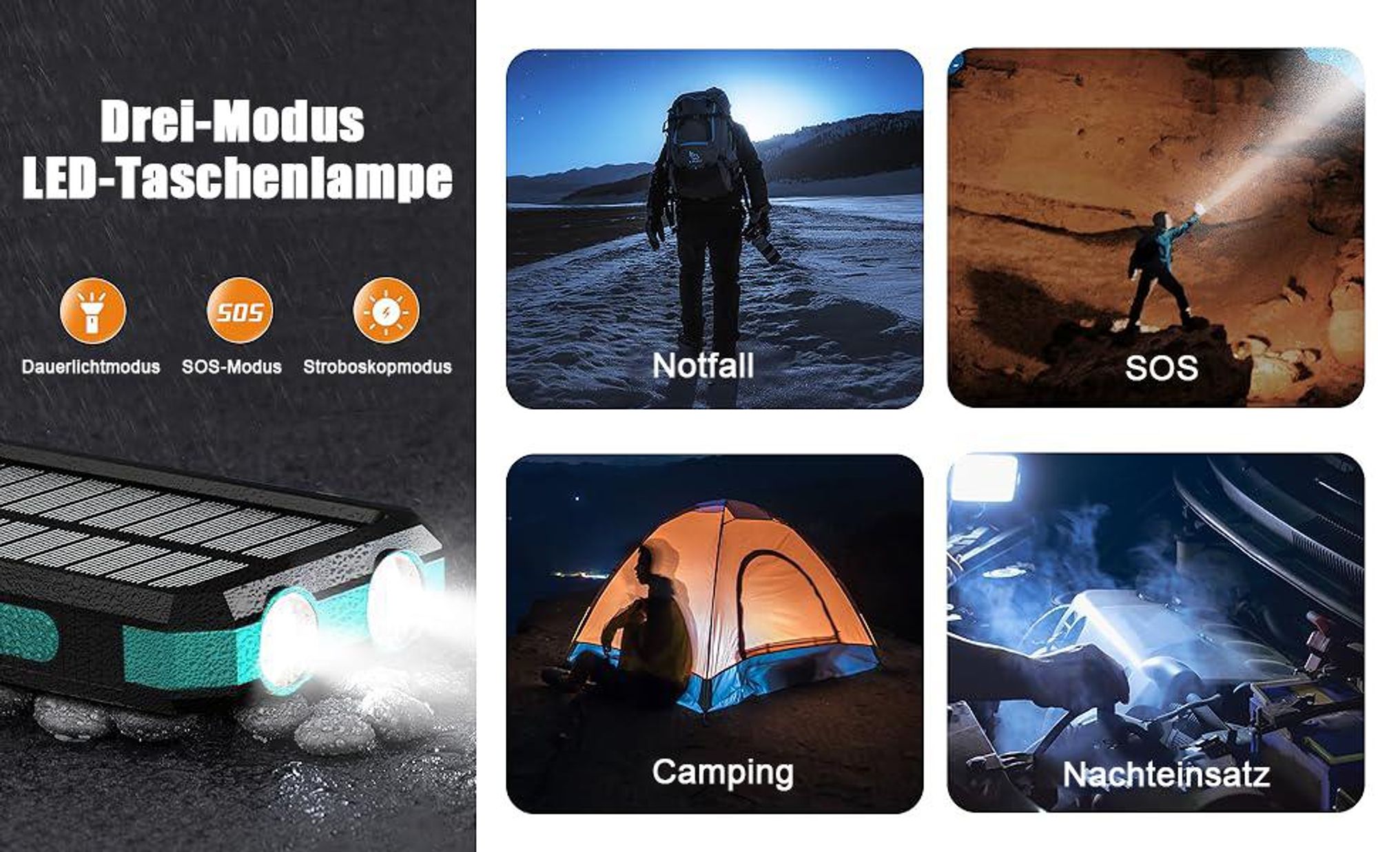 Solar Powerbank, Powerbank Solar Schlagfest und Wasserdicht, Die solar powerbank Outdoor mit Fast unendlicher Power, Die solarpowerbanks mit Taschenlampe und Compas