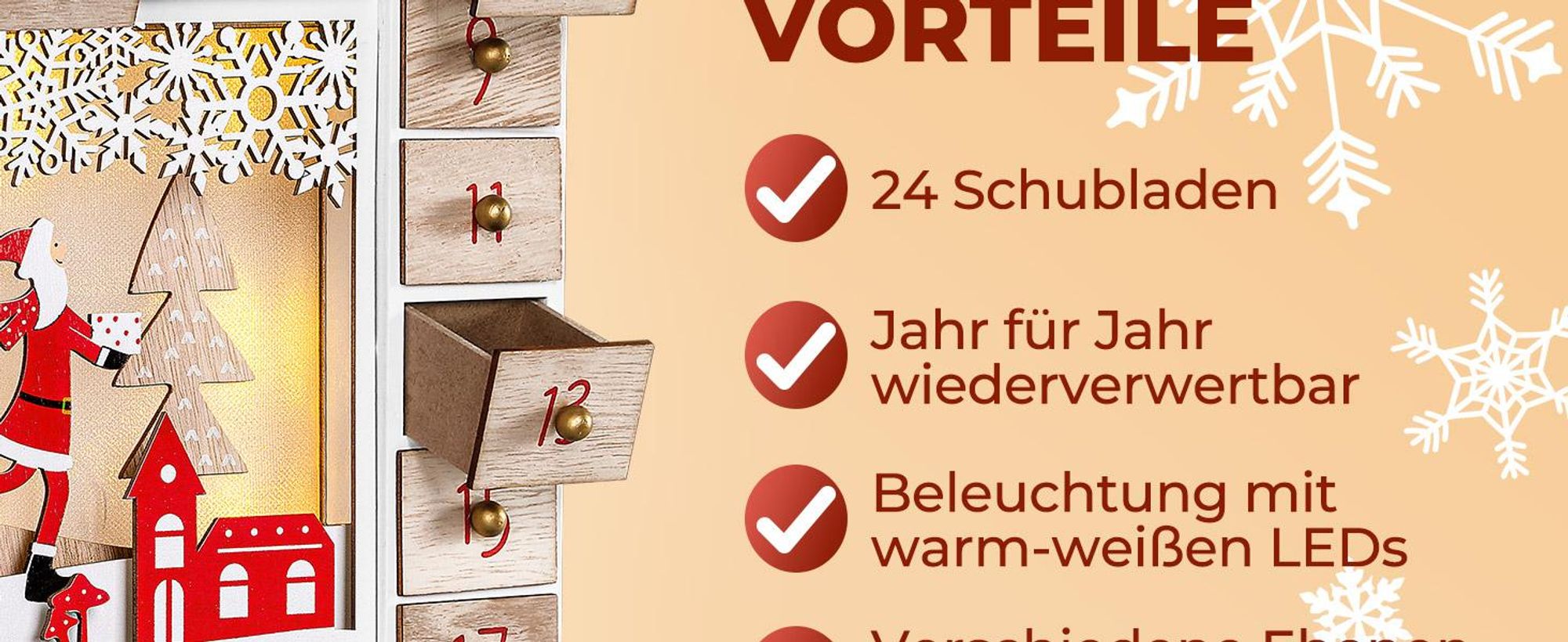 SPIELWERK® Adventskalender zum selbst Befüllen Nachhaltig LED warmweiß 24 Türchen Weihnachtskalender DIY Holz Kinder Wiederverwendbar Winterlandschaft