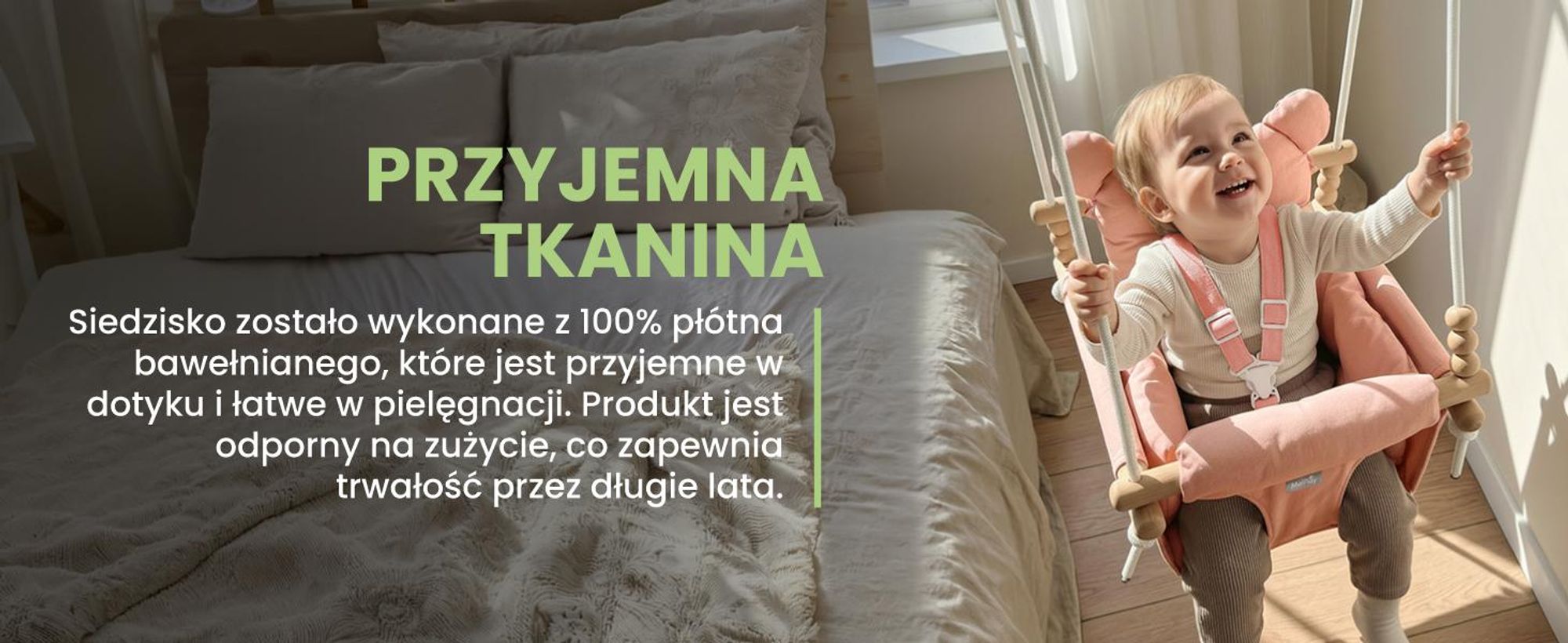 Różowa huśtawka dla dzieci na sznurkach z bawełnianą poduszką