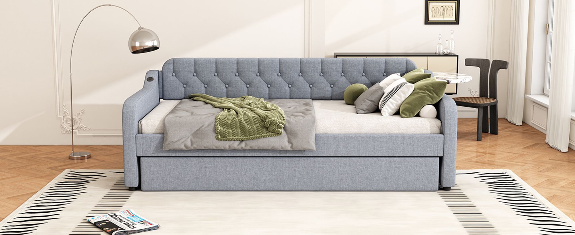 Merax Tagesbett 90x200cm/180x200cm Ausziehbett, Erweiterbares Schlafsofa mit USB und Lattenrost, Leinen Polsterbett Kinderbett Sofabett, Grau