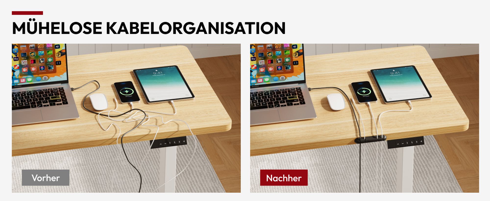 SANODESK Höhenverstellbarer Schreibtisch elektrisch 4 Memory-Funktion, Antikollisionsschutz, 70kg Tragkraft, mit Haken und Ablagebox 110x54cm (Ahorn)