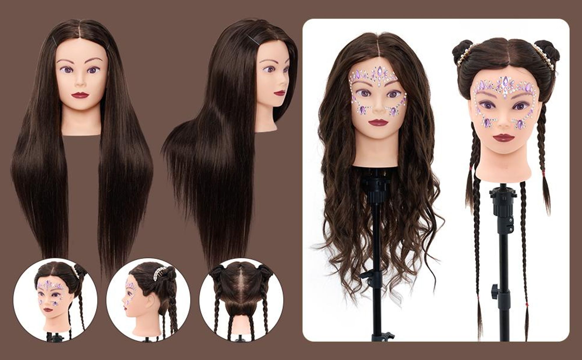 Frisierkopf Übungskopf 80 % Echthaar mit Stativ – Friseurkopf Friseurpuppe – inkl. Styling-Zubehör – Dunkelbraunes Haar – 70 cm