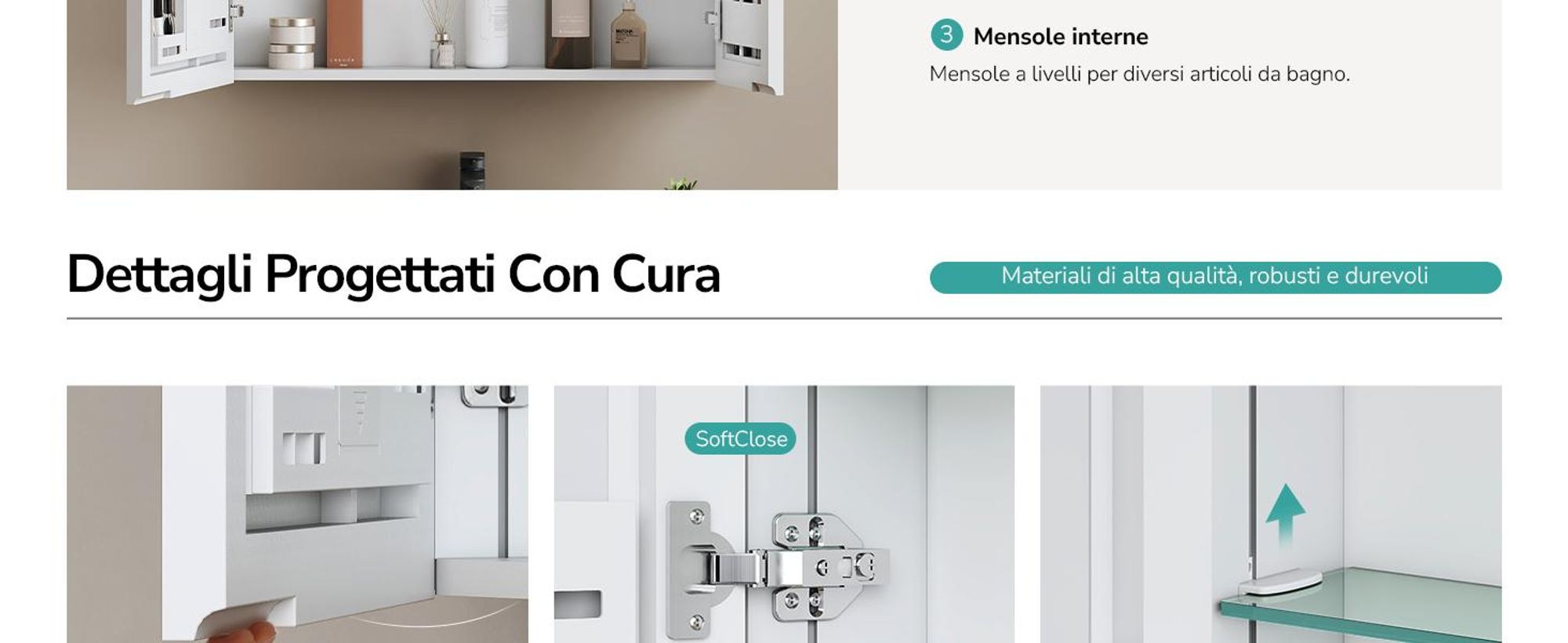Armadio a specchio EMKE bianco opaco a doppia anta 65x80x14,5 cm a parete con portaoggetti e ripiano regolabile in vetro d'acciaio Ideale per l'organizzazione del bagno