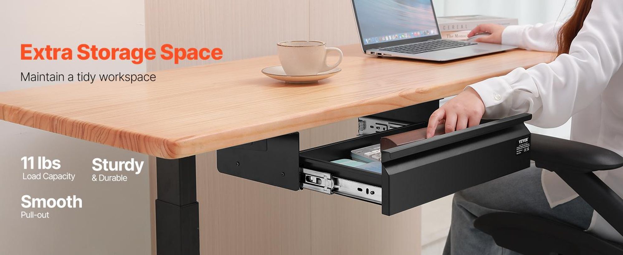 VEVOR 16" Breite Untertischschublade Ausziehbar, Untertischmontierte Ausziehbare Schubladenanbringung, Versteckter Desktop 2-Lagen Aufbewahrungsorganisator, Untertisch Bleistiftschublade für Home Sit Stand Arbeitsplatz, 18x9x8 Zoll, Einzelne Schicht