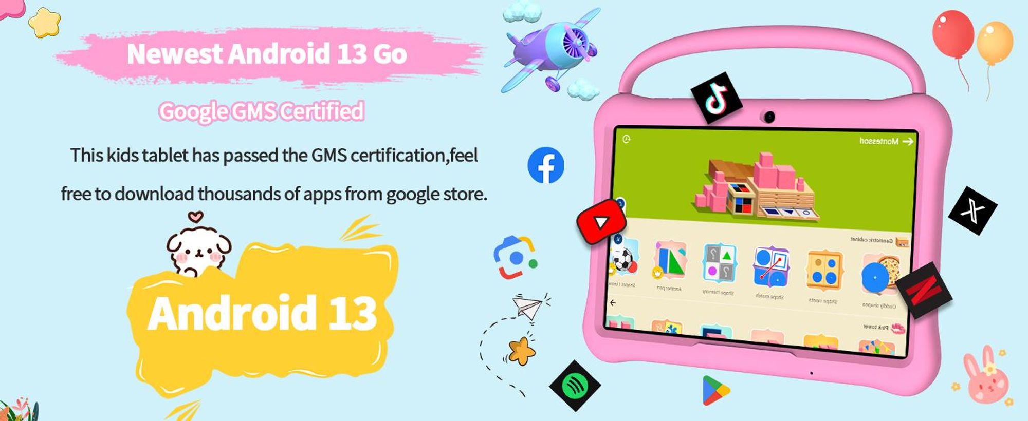 PRITOM Android 13 Tablet für Kinder, 10 Zoll Octa-Core, 64 GB RAM, 1 TB TF-Karte erweiterbar, Kindersicherung, Dual-Kamera, WLAN, Rosa