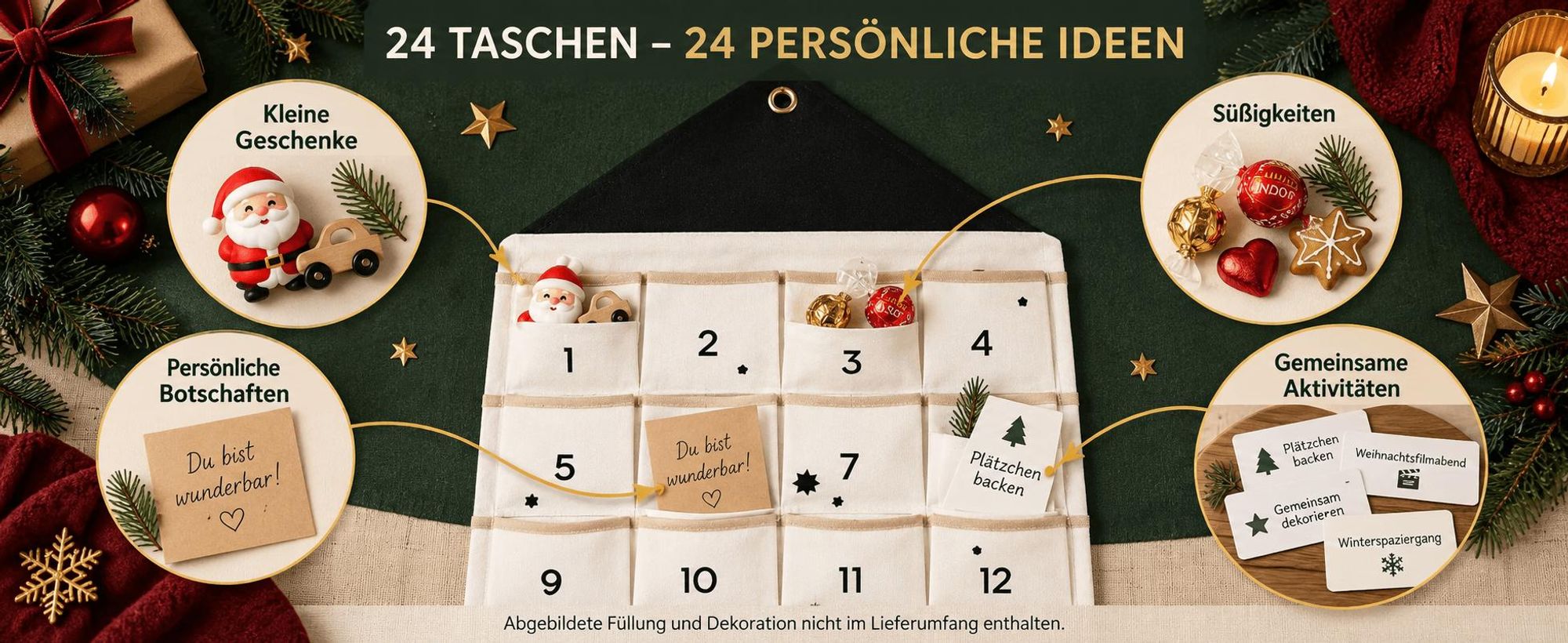 Adventskalender zum Aufhängen, 24 Taschen Stoff, befüllbar, Weihnachtsdeko, wiederverwendbar