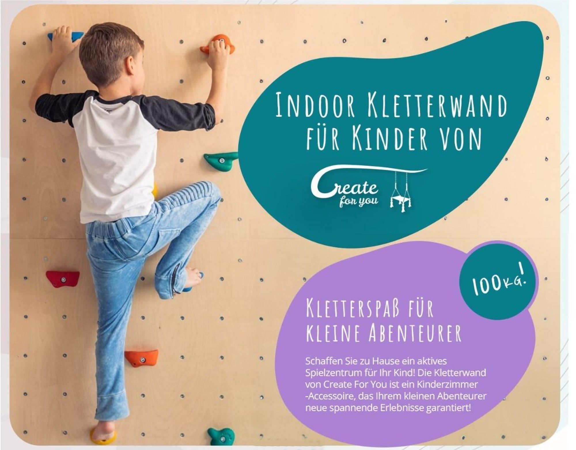Create for you® - Kletterwand Kinderzimmer + 30 Klettersteine, Indoor, 150x225cm