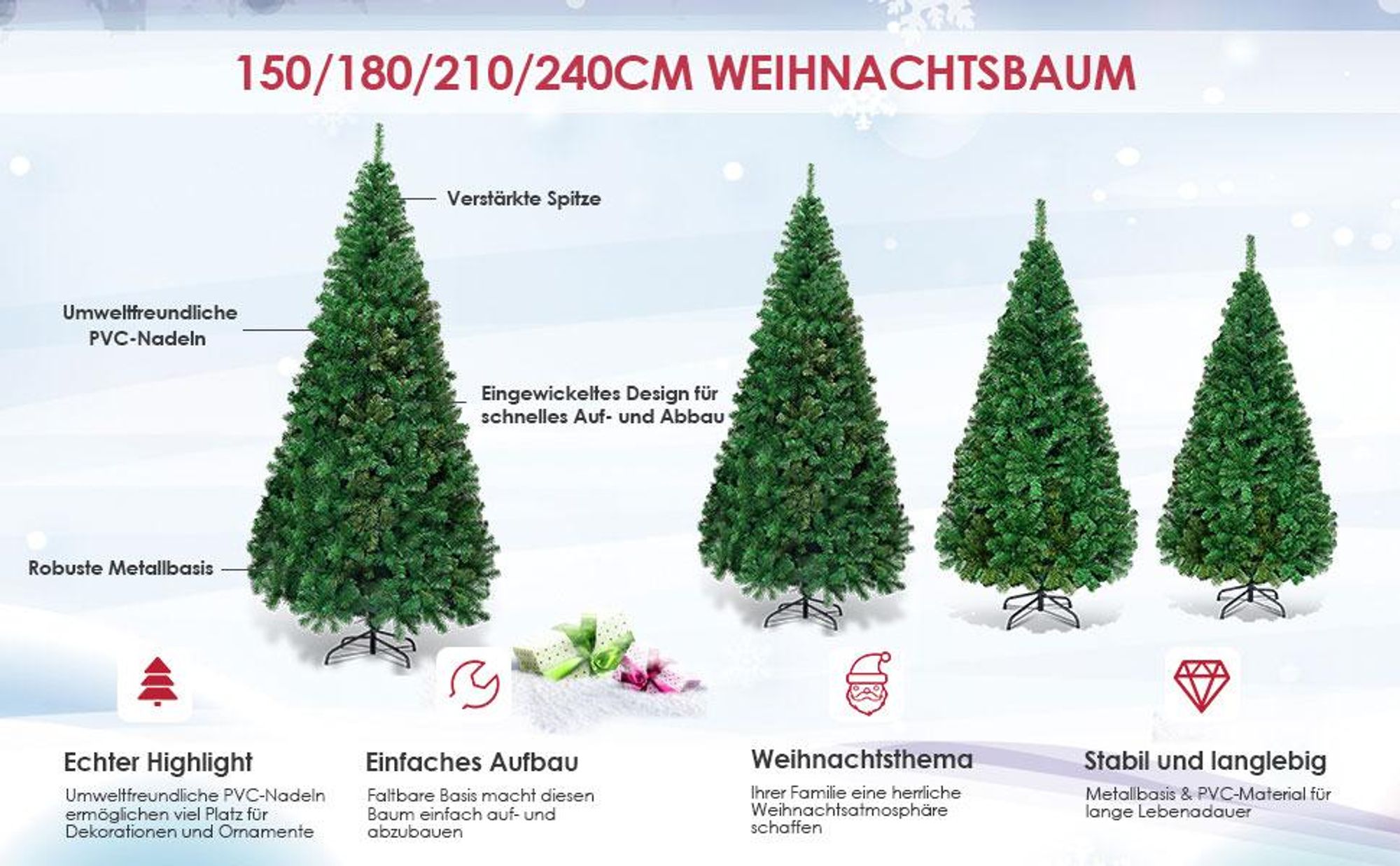 COSTWAY 180cm Künstlicher Weihnachtsbaum, Tannenbaum mit 650 Spitzen PVC Nadeln Metallständer&Klappsystem, Christbaum, Kunstbaum Weihnachten, Grün