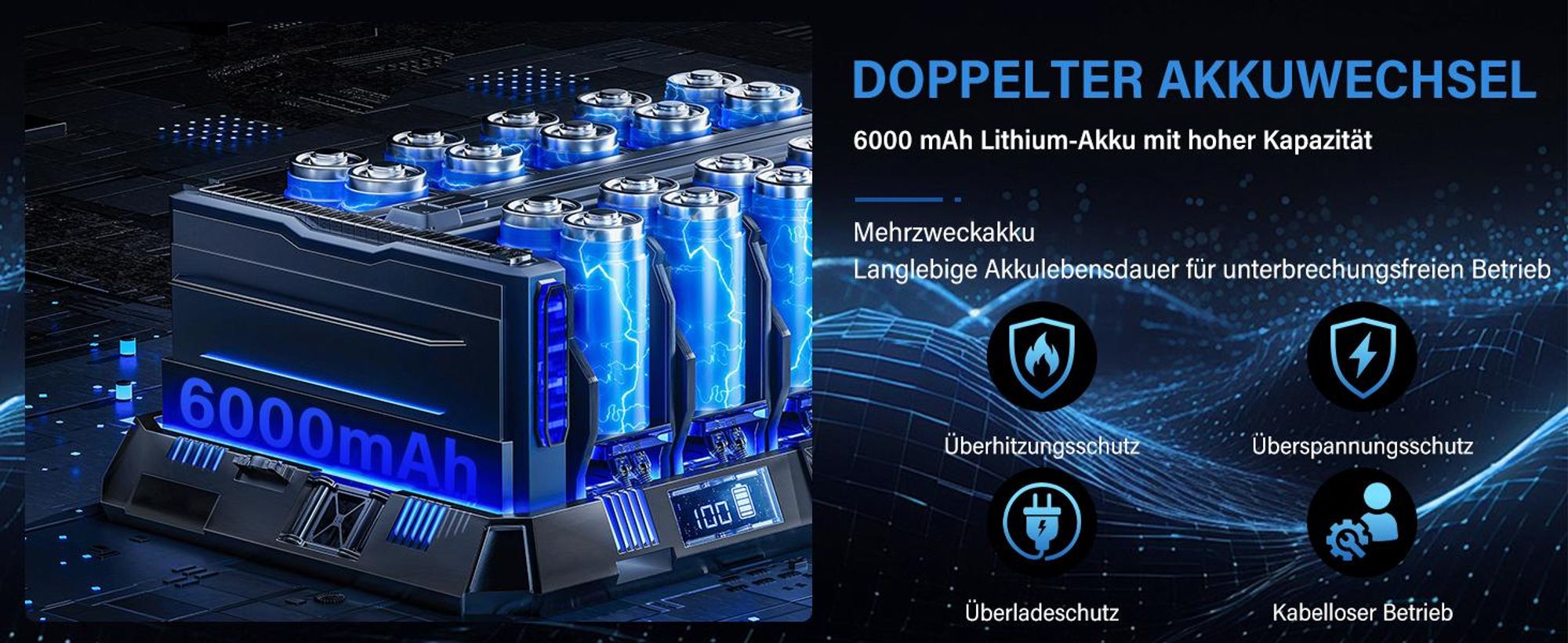 TEENO - Kabelloser Laubbläser 21V – 3 Geschwindigkeiten Max 35000 U/Min, Leicht, Kompakt, 3 Düsen Enthalten, 2x6,0Ah Akkus - Ladegerät