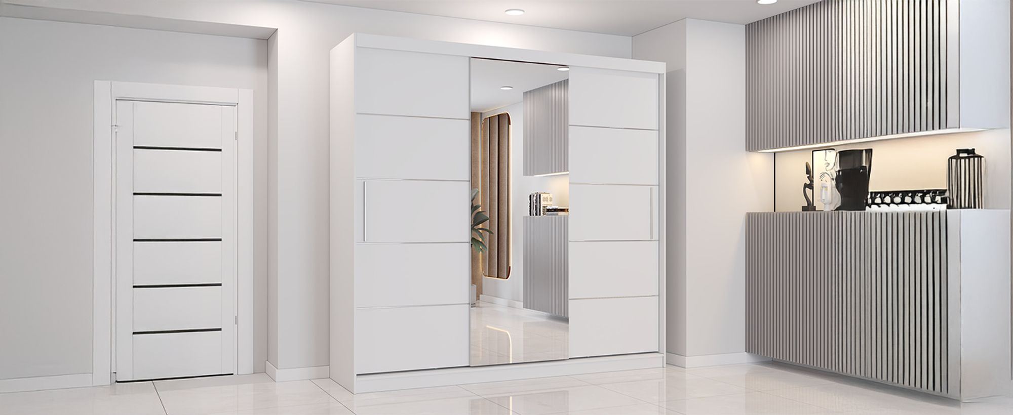 Schwebetürenschrank Astra, 233 cm, Weiß/Weiß, mit Spiegel