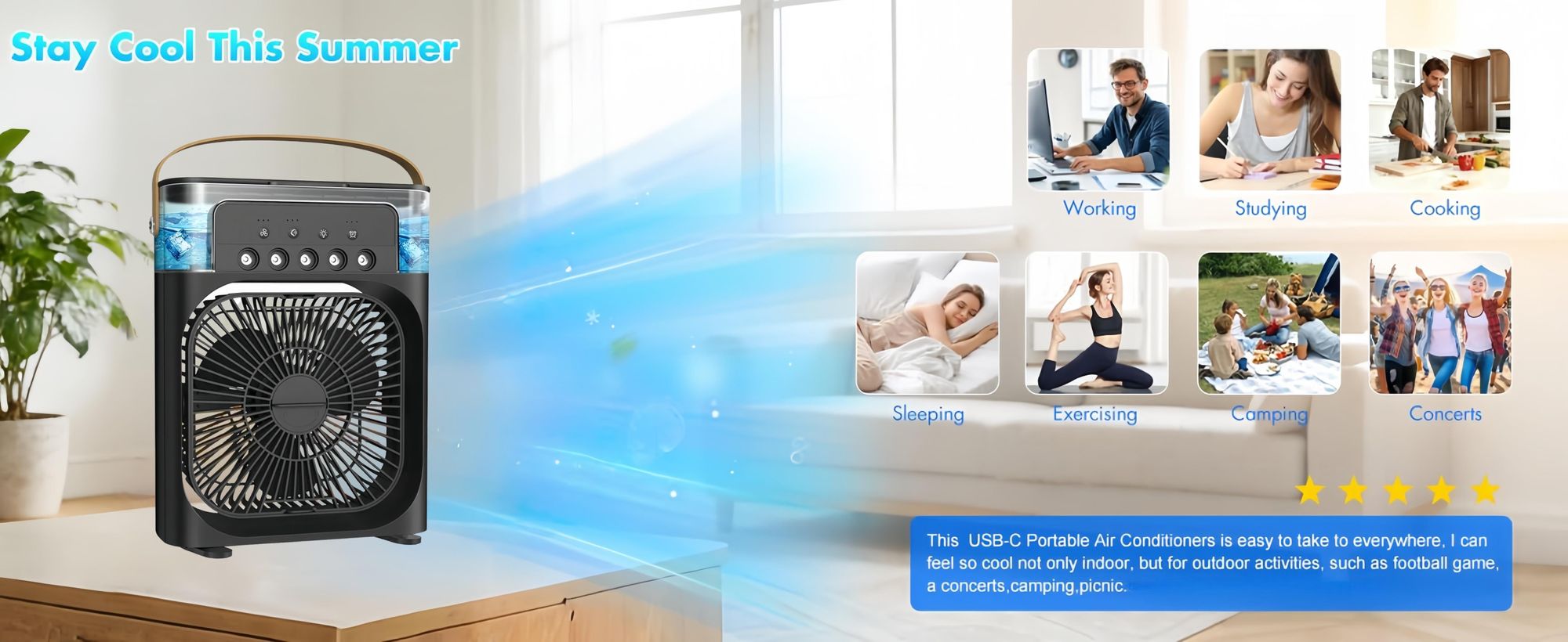4 in 1 Tragbare Klimaanlagen,Ventilator,3 Geschwindigkeiten,5 Sprüharten,Timer,Luftbefeuchter mit 600ml-Wassertank,USB-Ladefunktion Luftkühler,leiser