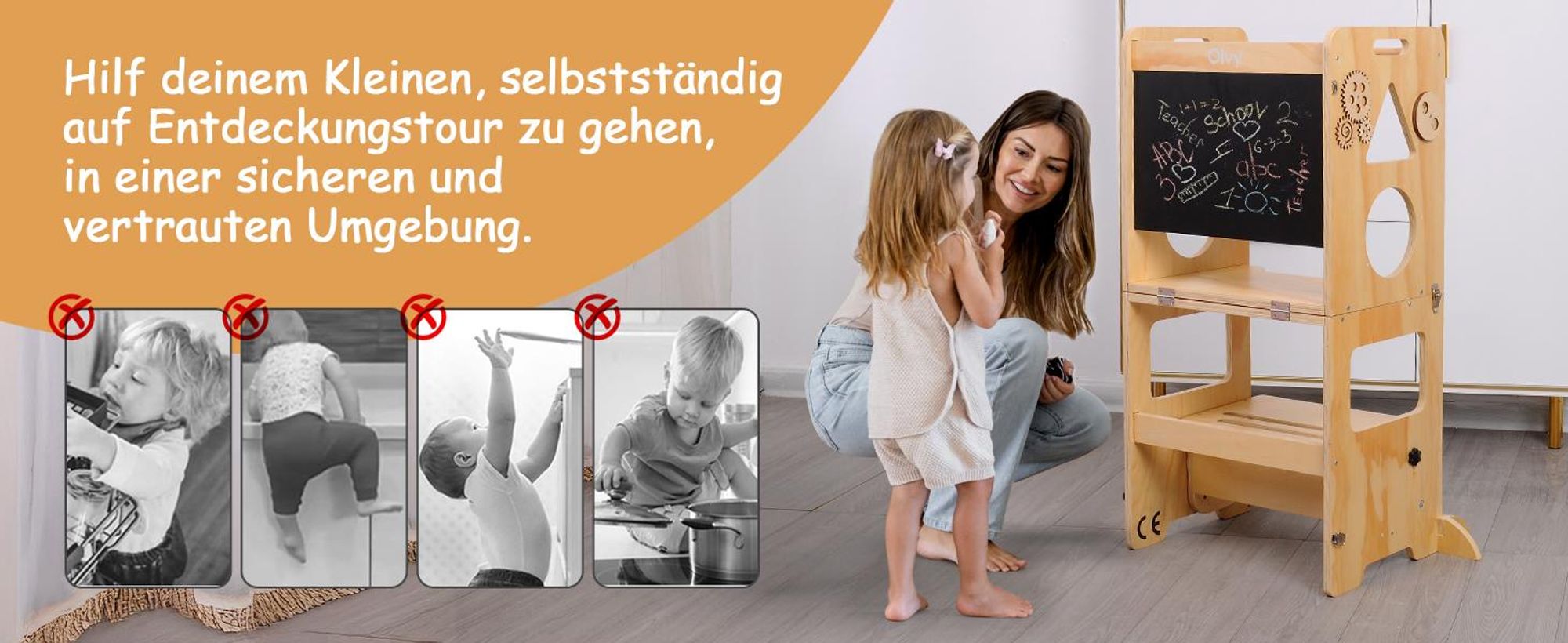 Olvy Lernturm Für Kinder, 3 in 1 Montessori Lernturm, Lernturm ab 1 Jahr, Learning Tower, Küchenturm Kinder, Kindertreppe Faltbar, Trittleiter Holz