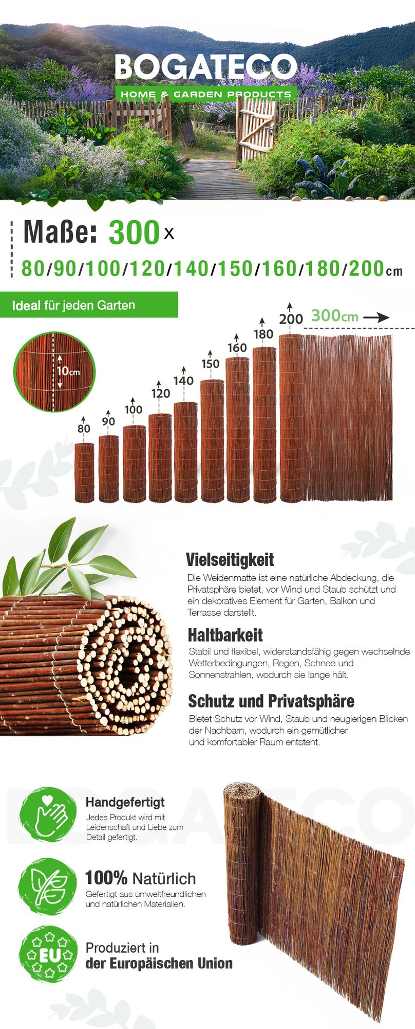 BOGATECO Weidenmatte Sichtschutz Zaun aus Holz | 150 cm Hoch & 500 cm Lang | Perfekt fŸr den Garten, Balkon und Terrasse | Hergestellt in Europa