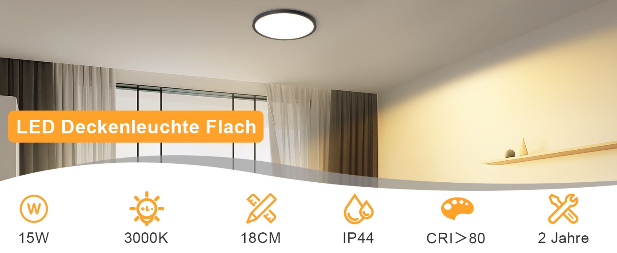 ZMH Deckenlampe LED Deckenleuchte Flach Schlafzimmerlampe 18CM Badezimmerlampe 15W Küchenlampe  Schlafzimmer Schwarz Deckenbeleuchtung Flurlampe Decke Badlampe 3000K für Küche Flur