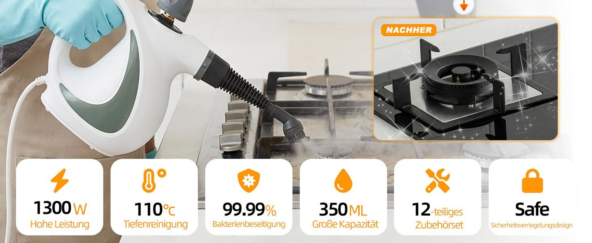 1300W Natürlicher Dampfreiniger mit Druck für mehrere Oberflächen, mit 12 Zubehörteilen, Mehrzweck-Dampfgarer für den Heimgebrauch, zur Reinigung