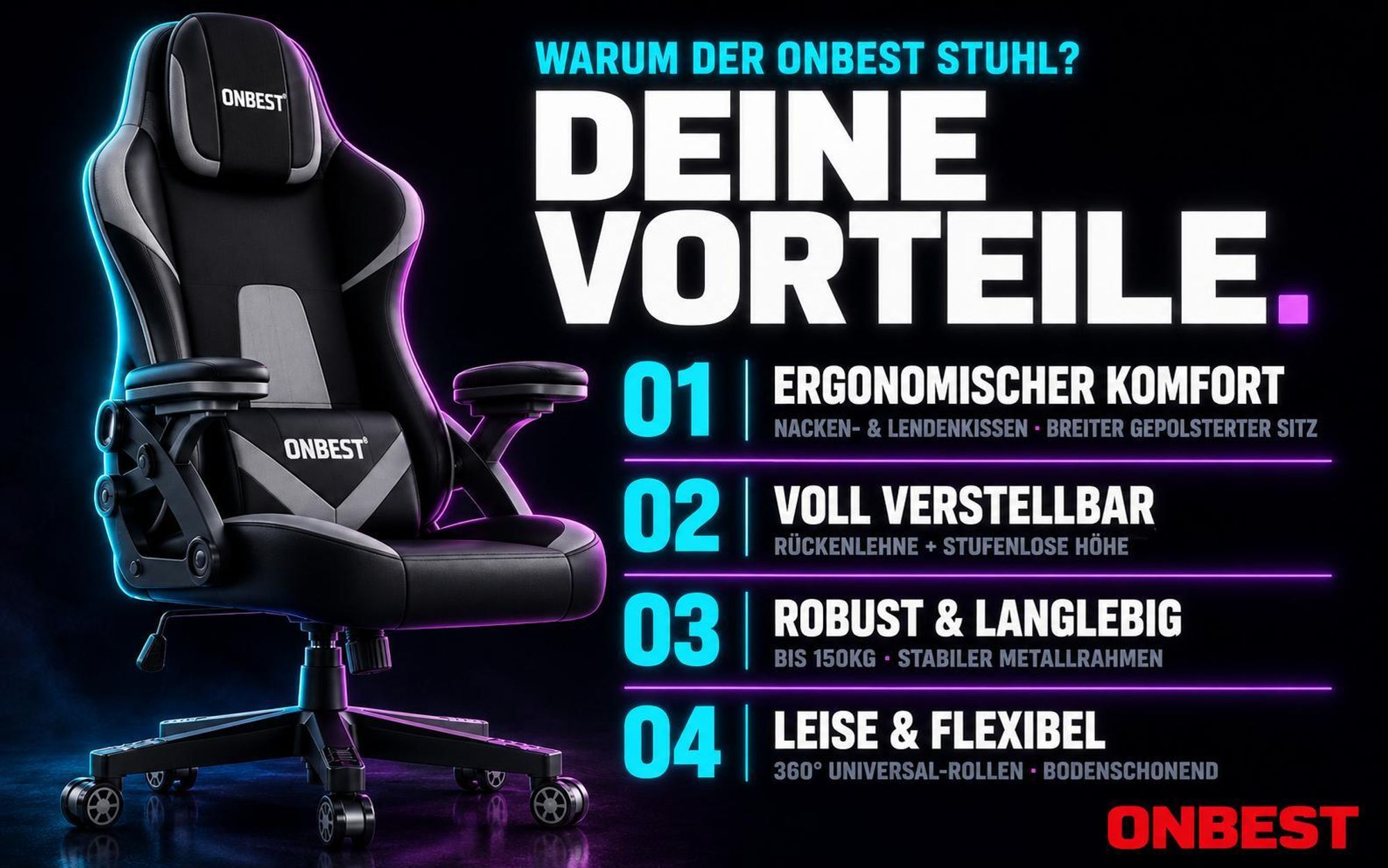 ONBEST Gaming Stuhl | Ergonomisch | mit Lordosenkissen | 150 kg | 360° | verstellbare Armlehnen Kopfstütze Rückenlehne