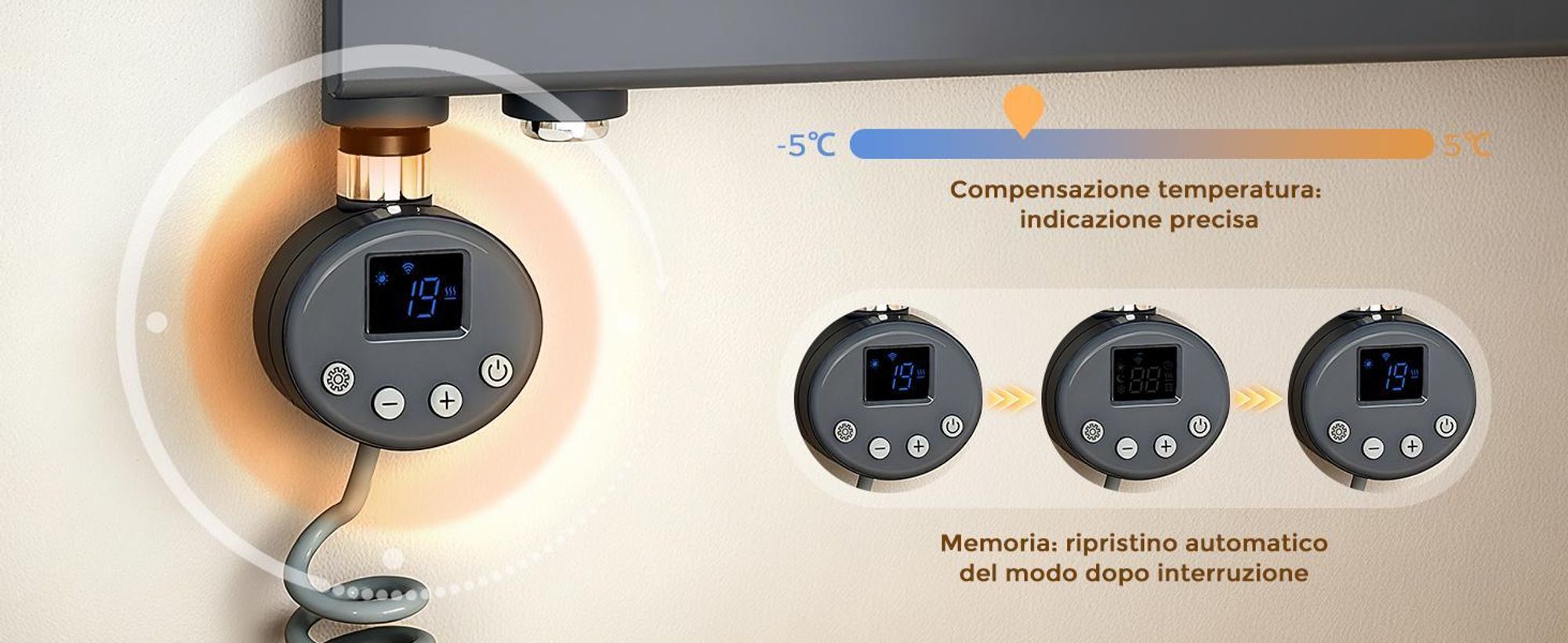 S'AFIELINA elemento riscaldante con termostato 900W, timer programmabile e display LCD, WiFi, per radiatori da bagno, acciaio inox, controllo intelligente, antracite