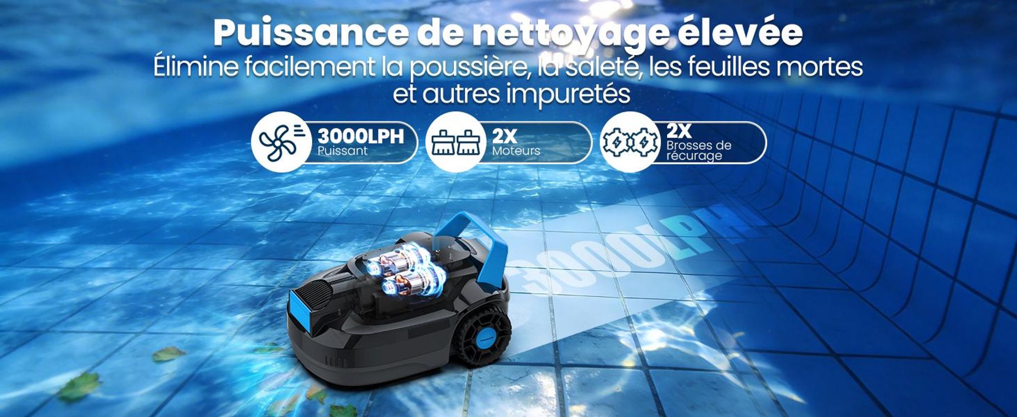 Robot de piscine AIRROBO CP02, débit de 3 000 L/h, autonomie de 120 minutes, fonction de retour automatique à la station d'accueil
