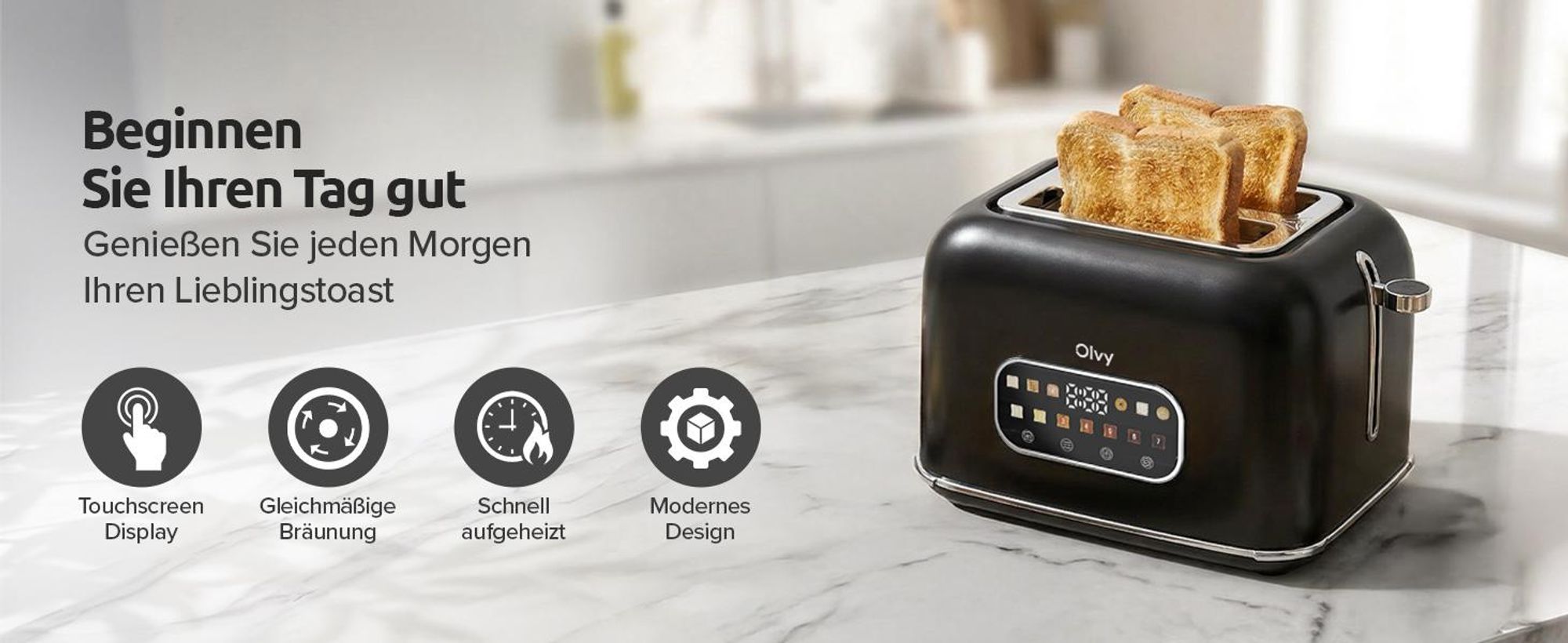 Olvy Toaster, Touchscreen mit Timer, 7 Bräunungsstufen, Extra Breite Schlitze, 6 Programme inkl. Bagel & Waffel, Auftau- & Aufwärmfunktion, Schwarz