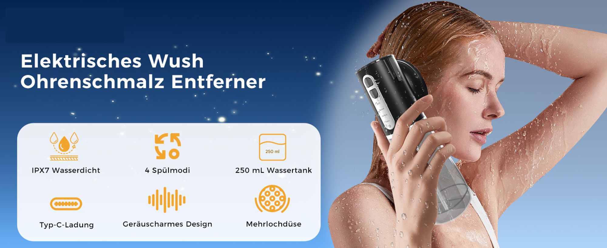Electric Ear Cleaner Ohrenschmalz Entferner Elektrischer Ohrenreiniger mit 4 Druckmodi, 2-in-1 Wassertank Wiederaufladbarer Ohrenreiniger, IPX7