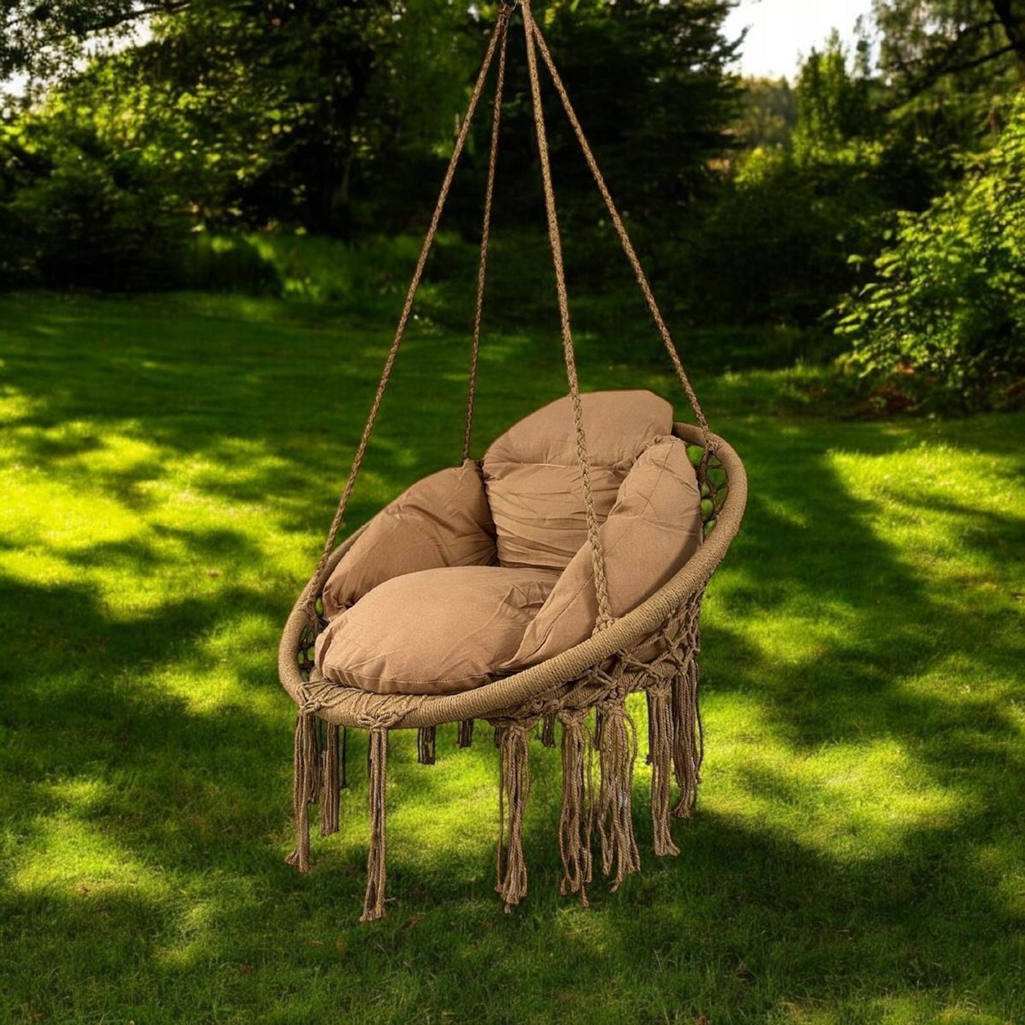Hängesessel BLISS mit Kissen, Boho Hängestuhl Braun bis 150kg Belastbar, Baumwolle Makramee Schaukel für Garten, Balkon & Wohnzimmer, Hängeschaukel