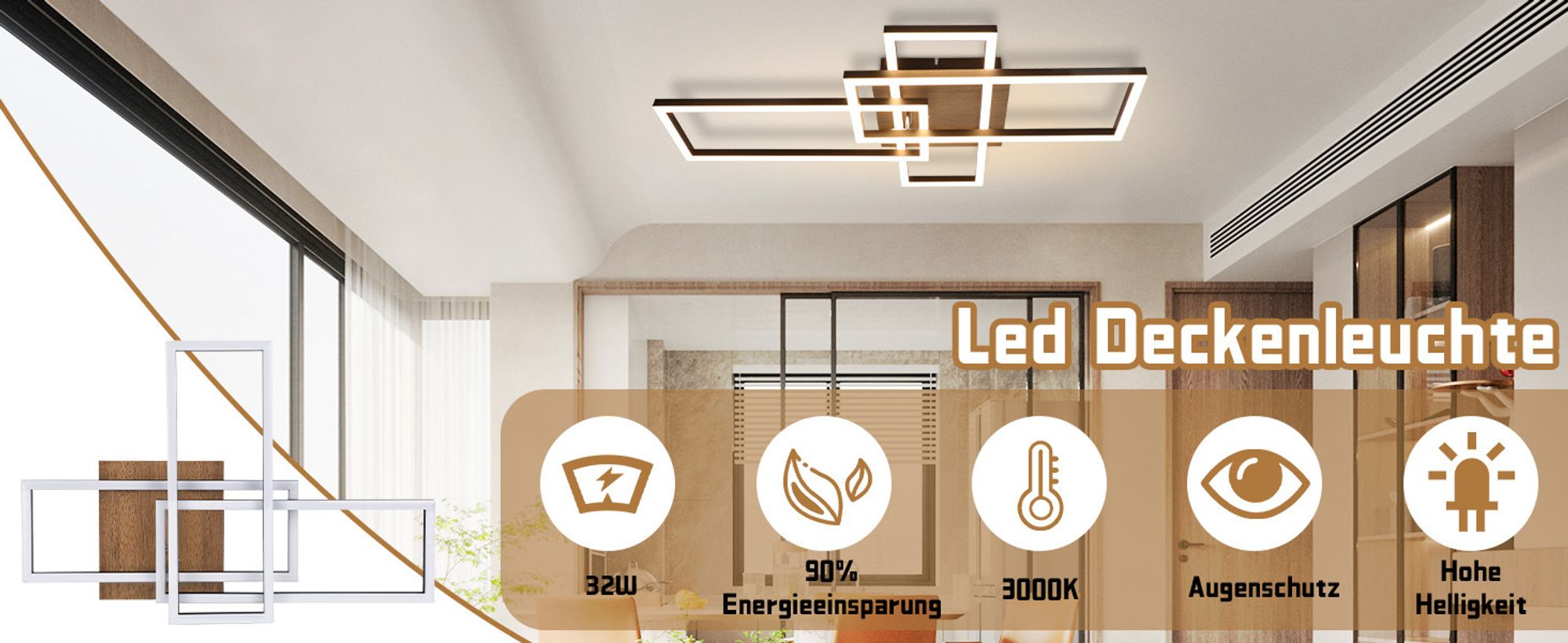 ZMH LED Deckenleuchte Deckenlampe Wohnzimmer 3000K Holz Schwarz Wohnzimmerlampe Modern Schlafzimmerlampe Design Decke Lampe 32W Warmweiß Flurlampe
