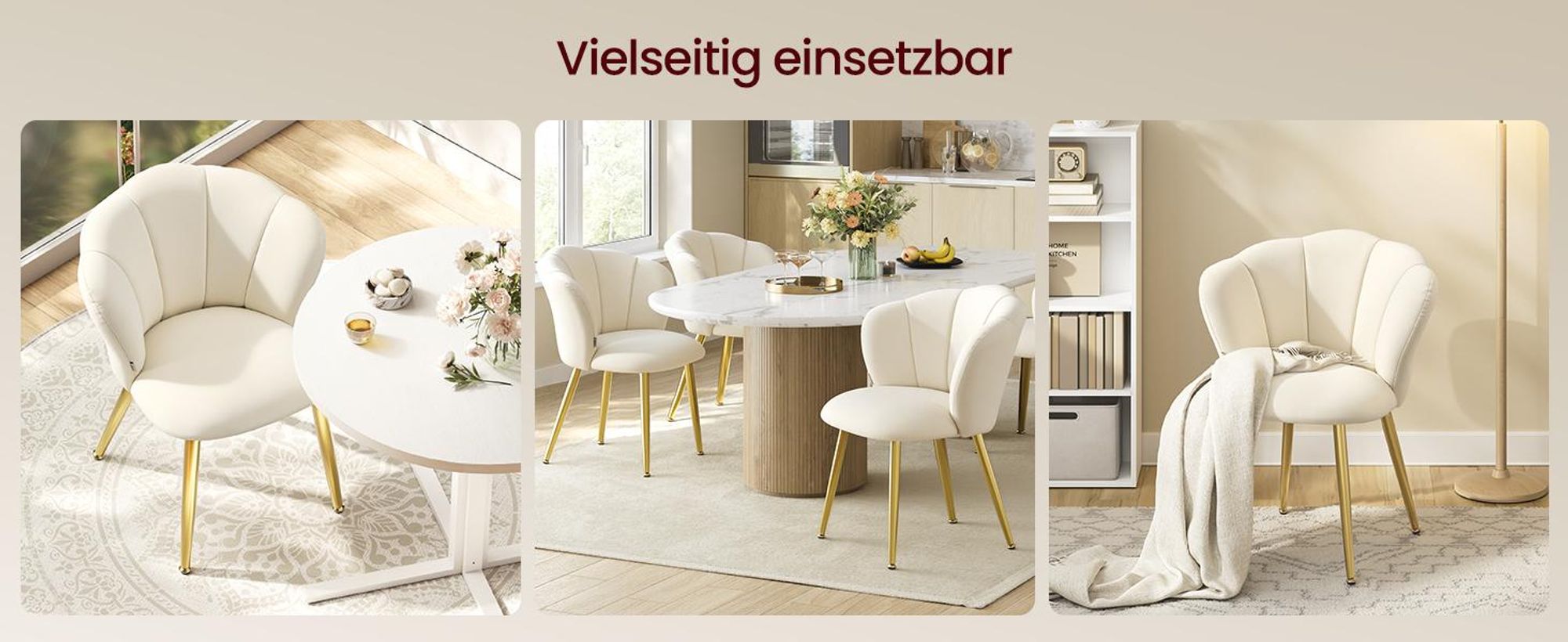 VASAGLE Esszimmerstuhl mit Samtbezug, Schminktischstuhl mit blütenblattförmiger Rückenlehne, stabil, weiß