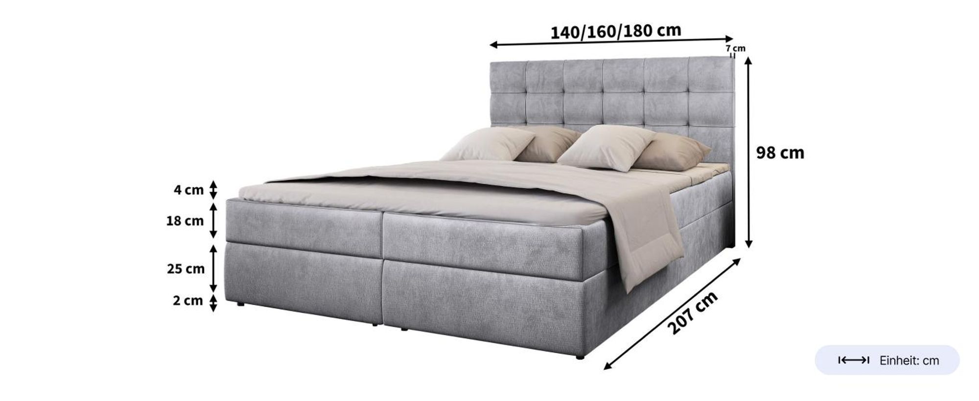Masseno Boxspringbett GLOS M 160x200 cm Komplett-Set mit Bonell Matratze und Topper, Polsterbett mit Bettkästen -Hellgrau, MONOLITH 84