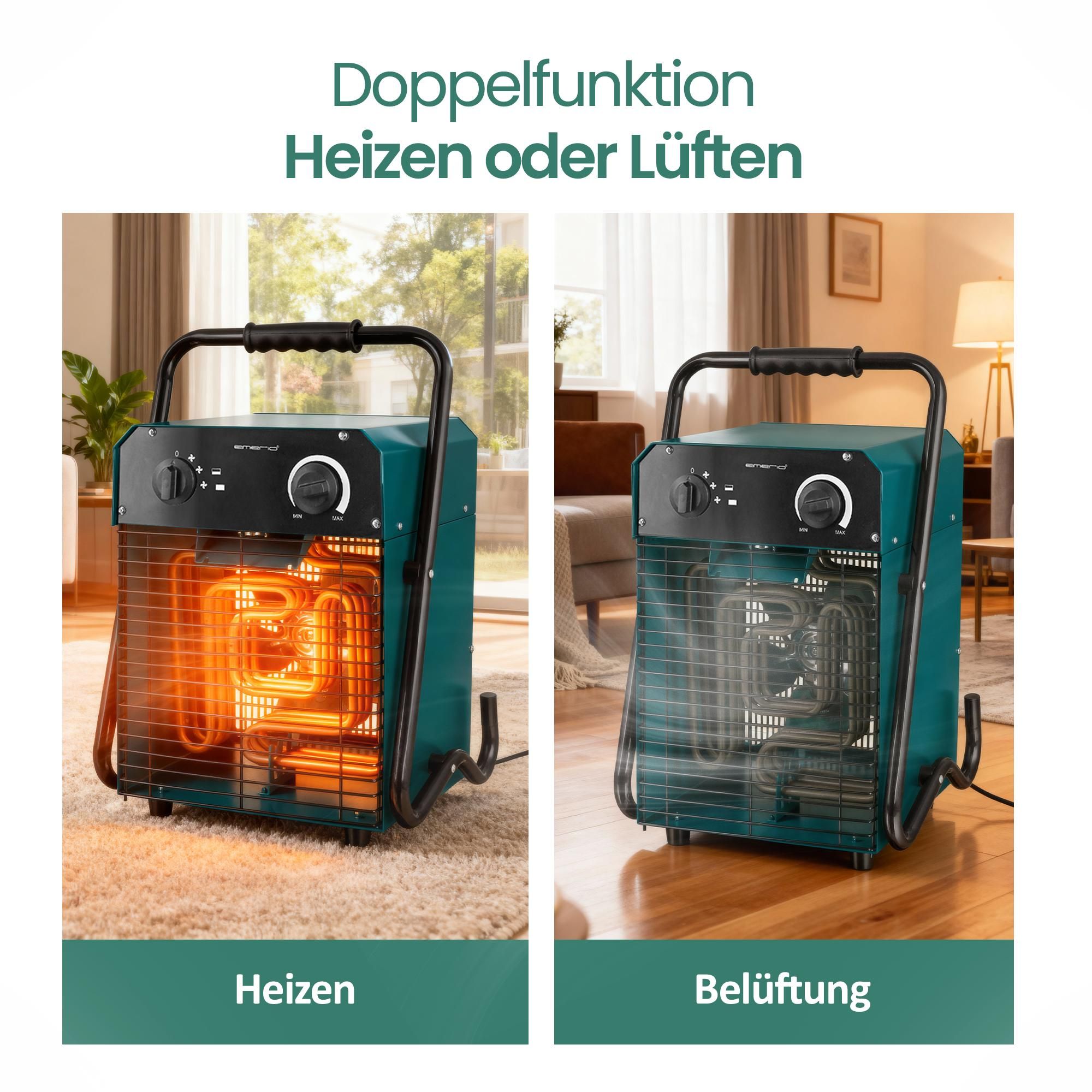 Emerio Power-Heizlüfter FH-105537.4 – 50 m² – Bauheizer - Werkstattheizung – einstellbarer Thermostat - IP24 – 5000W – 400V – Überhitzungsschutz