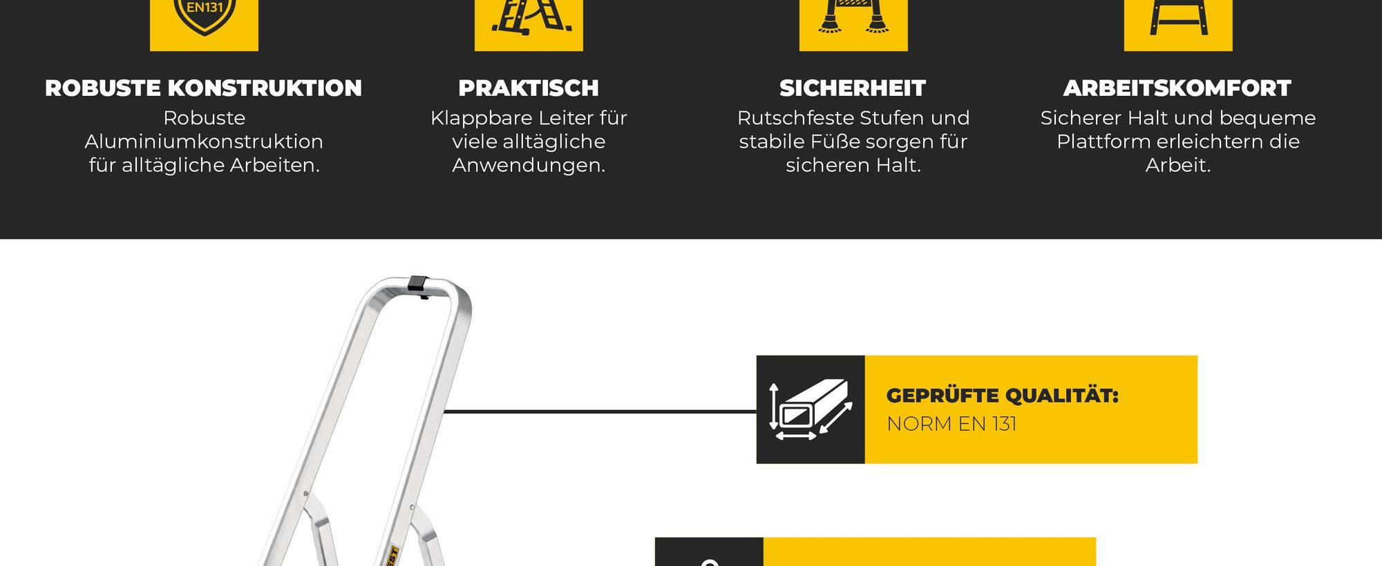 Drabest | Leiter - Aluminium Mehrzweckleiter PRO - 4 Stufen - Trittleiter - Stabil, Sicher, Leicht, Praktisch - mit Haken - Tragkraft 150 kg