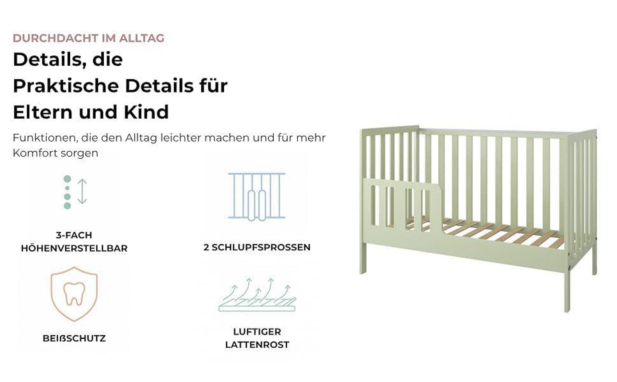 ZEE BAMBI Kaschmir Babybett Set 120x60 cm mit Barriere + Wickelkommode LOFT mit Wickeltisch Höhenverstellbar Kinderbett mit Beißschutz