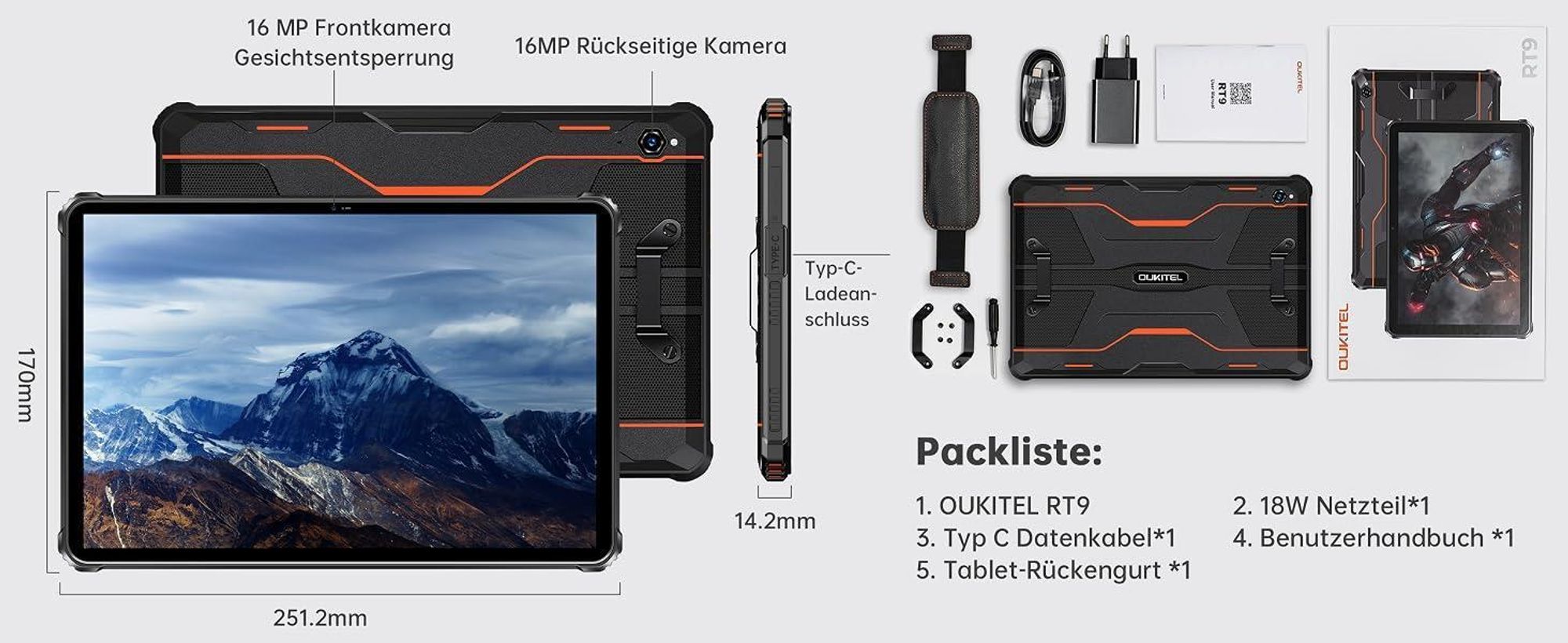 OUKITEL RT9 Outdoor Tablet Android 14, 11000mAh 24GB(6+18) RAM + 256GB ROM Tablet 10.1" FHD+, Gaming Tablet, Dual SIM 4G GPS OTG IP68/IP69K, Orange