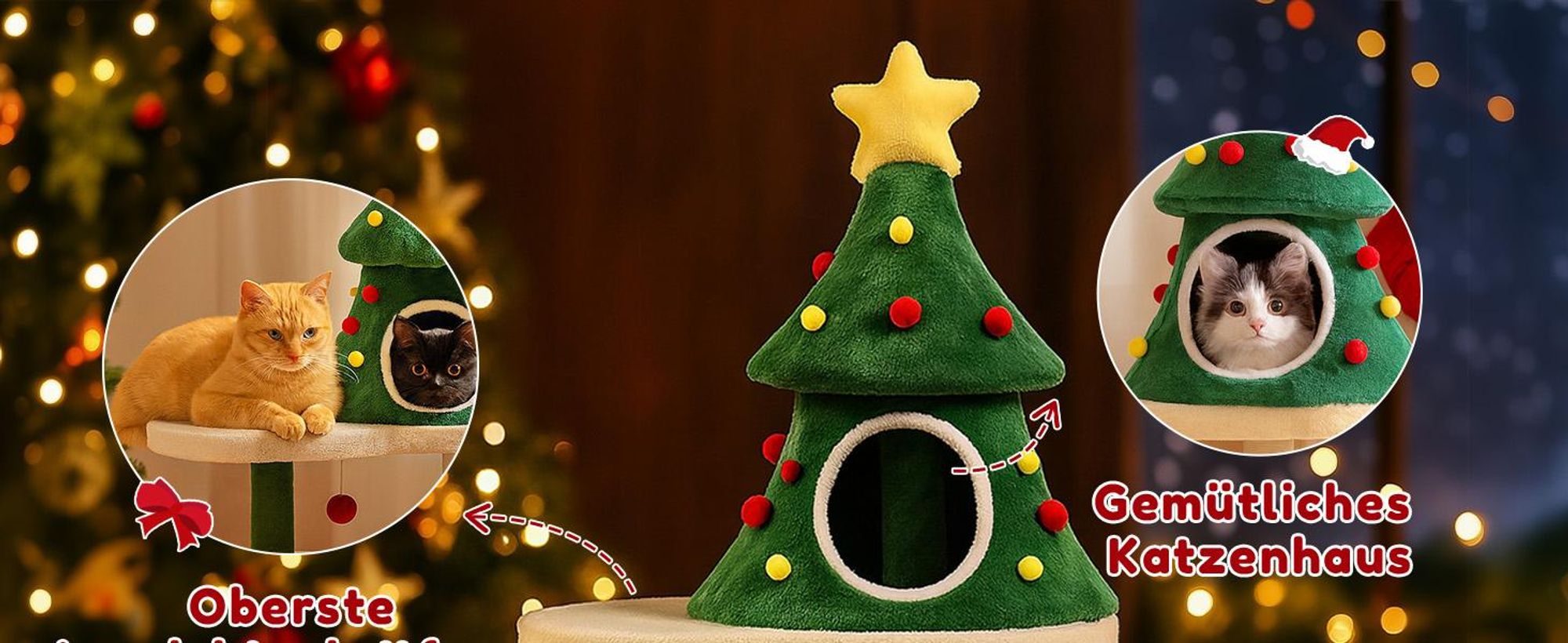 COMHOMA Kratzbaum im Weihnachtsbaum-Design 123cm, Stabiler Katzenbaum Katzenturm mit Kratzsäulen, mehrstöckiges Katzenhaus mit Plattformen & Spielball