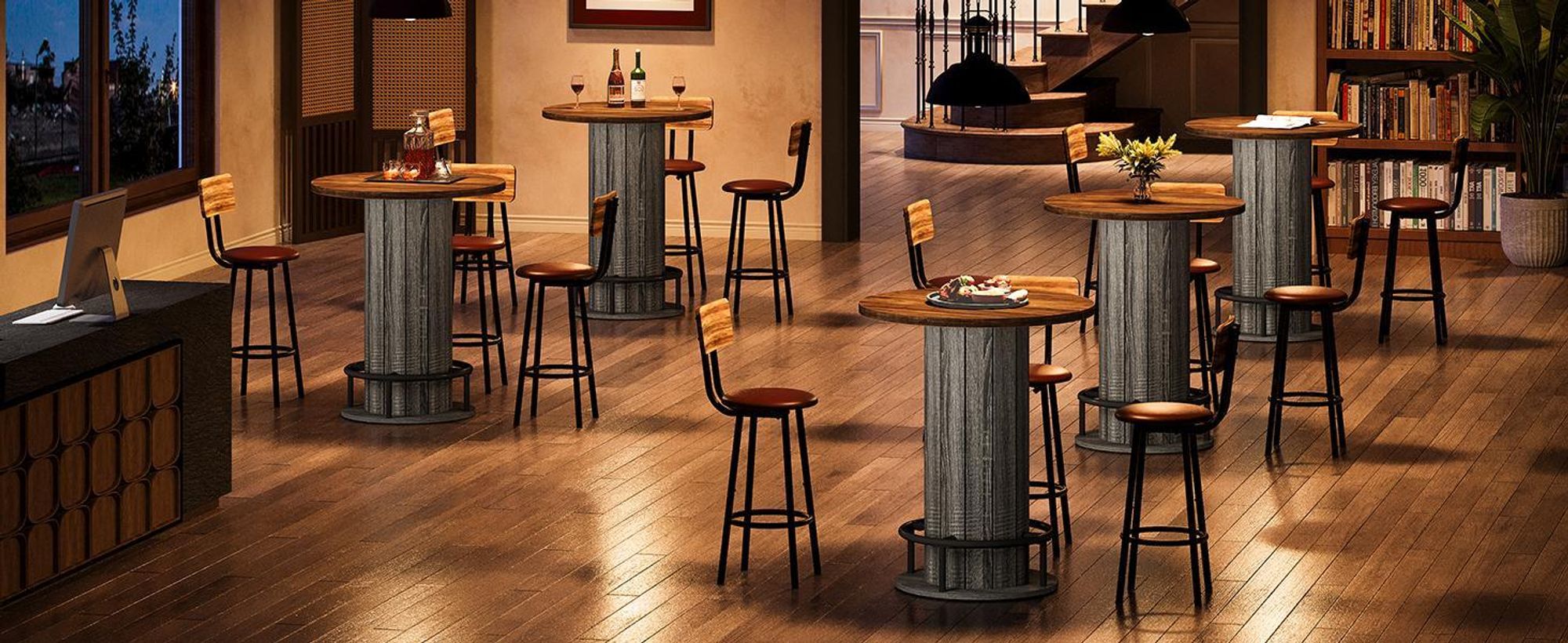 Tribesigns, okrągły stolik barowy, wysokość 100 cm, stolik bistro z drewnianym blatem i metalową podstawą w kształcie obręczy, idealny do jadalni, kawiarni, baru koktajlowego, salonu, kolor brązowy i szary