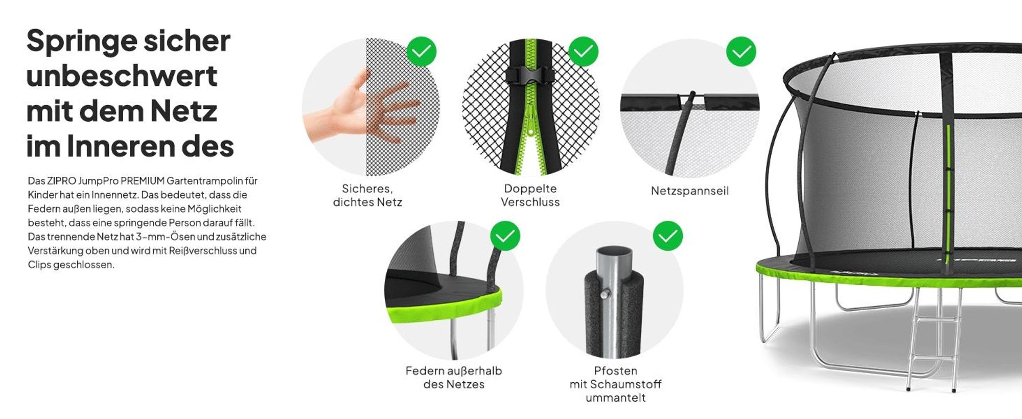 ZIPRO Trampolin Jump Pro Premium | 14FT Ø 435 cm | Gartentrampolin Kindertrampolin Komplett-Set inkl. Netz, Leiter & Randabdeckung, Outdoor, Grün