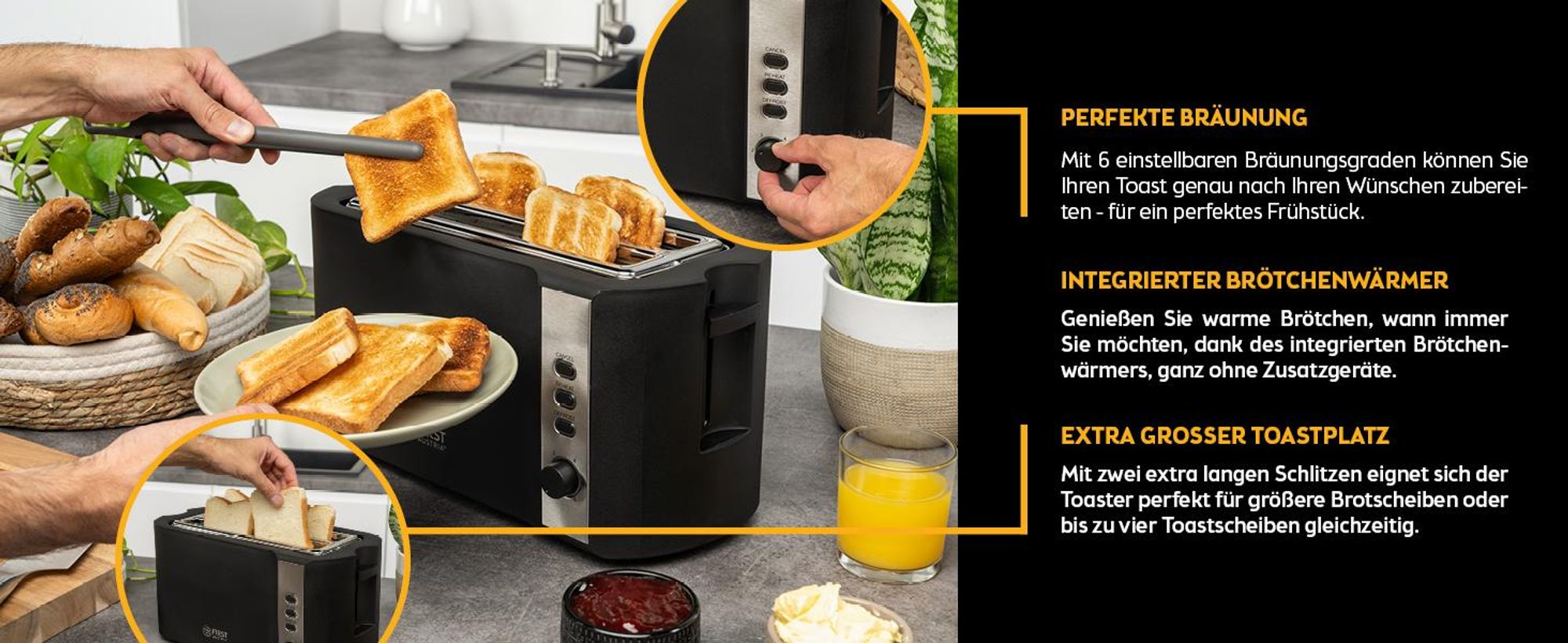 TZS First Austria Toaster Langschlitz, 4 Scheiben, 1200-1500W, 6 Bräunungsgrade, Auftau- und Aufwärmfunktion, Brotzentrierung, Krümelfach, Schwarz/Edelstahl