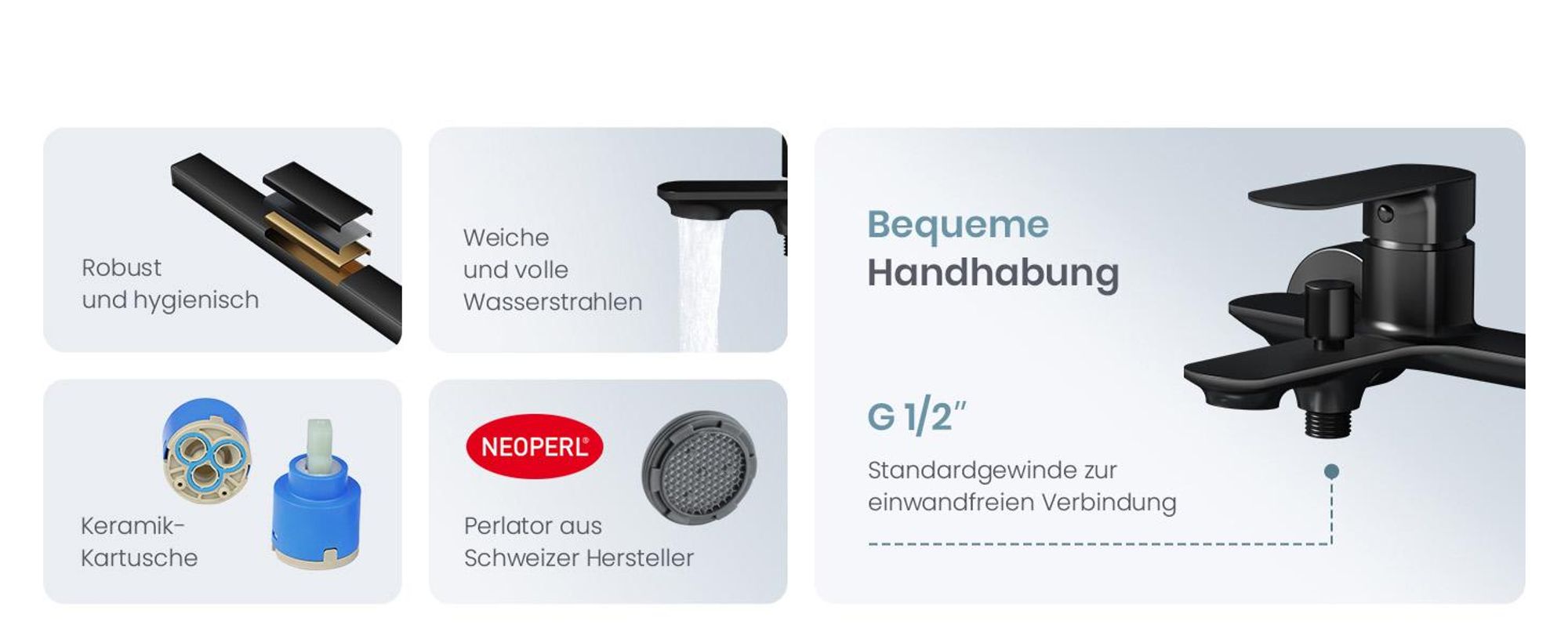 EMKE Badearmatur Wannenarmatur Einhebelmischer Badewanne Wasserhahn aus Messing, Wandmontage Wannenmischer Schwarz Matt