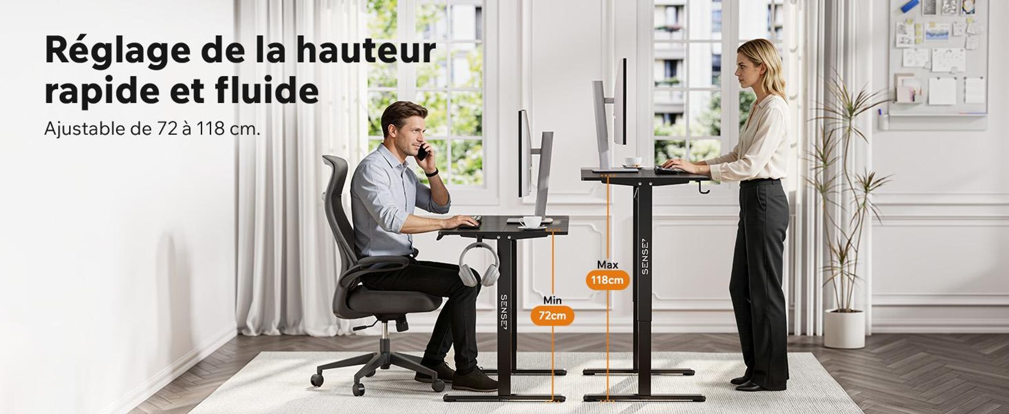 SENSE7 NOJO Light : piètement de bureau électrique réglable en hauteur | 72-118 cm, fonction mémoire, support pour casque, charge max. 70 kg, piètement en acier