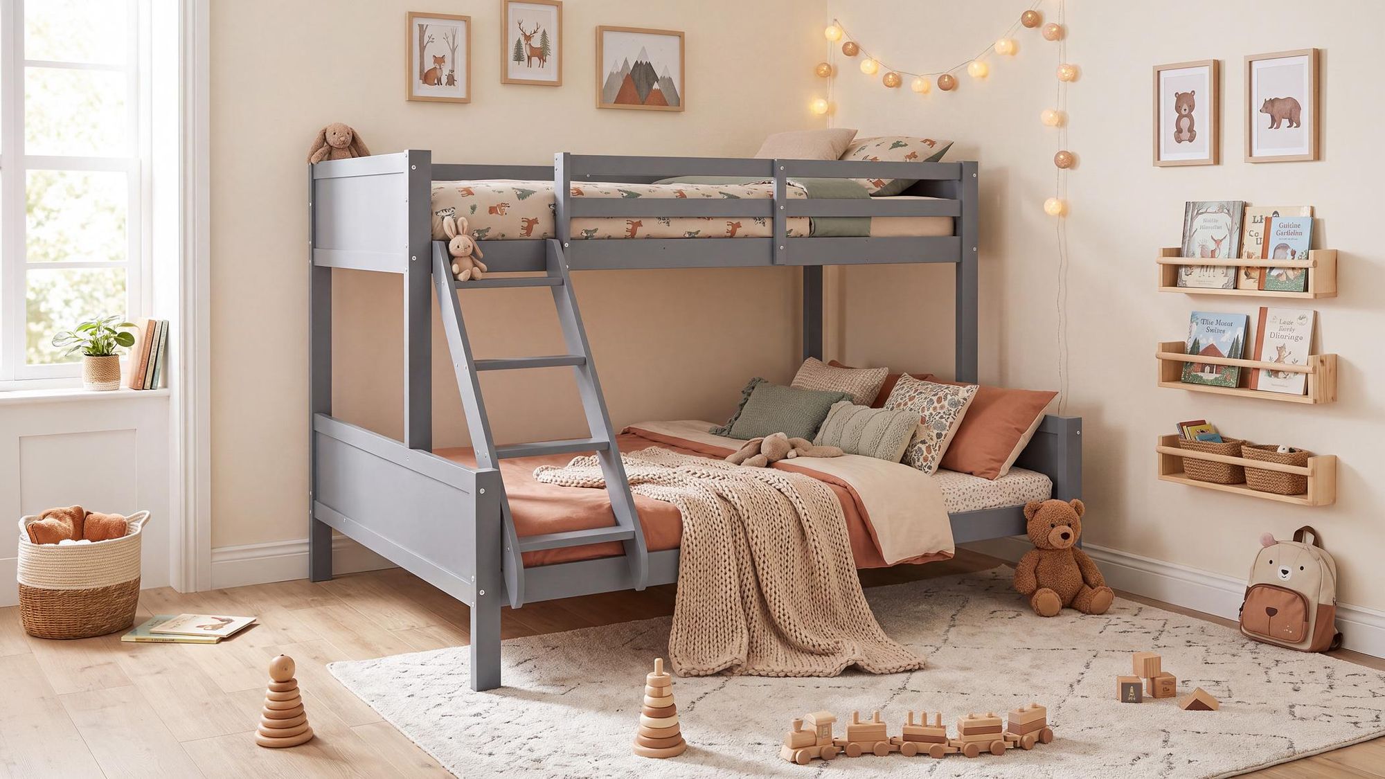 Homestyle4u Etagenbett 90x200 und 140x200 Kinder mit Lattenrost Hochbett Kinderbett Holz 2 Kinder Grau Stockbett Gäste mit Rausfallschutz