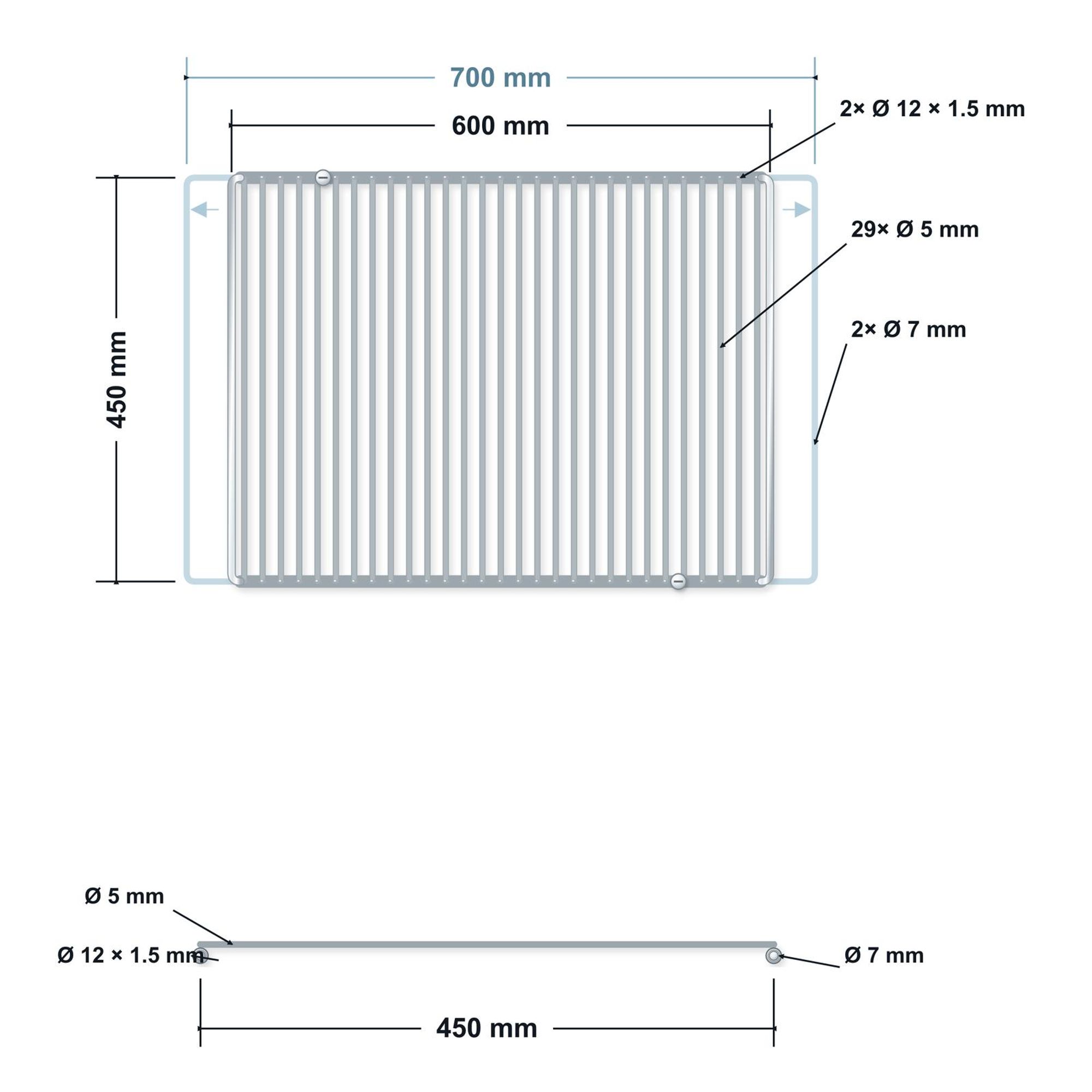 Regulowany ruszt grillowy ze stali nierdzewnej 60–70 × 45 cm bez uchwytów – rysunek techniczny