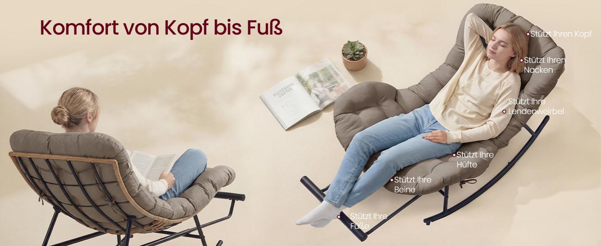 VASAGLE Relaxsessel mit ausziehbarer Fußstütze, Schaukelsessel, abnehmbares Kissen, Stahlgestell, bis 136 kg, beige