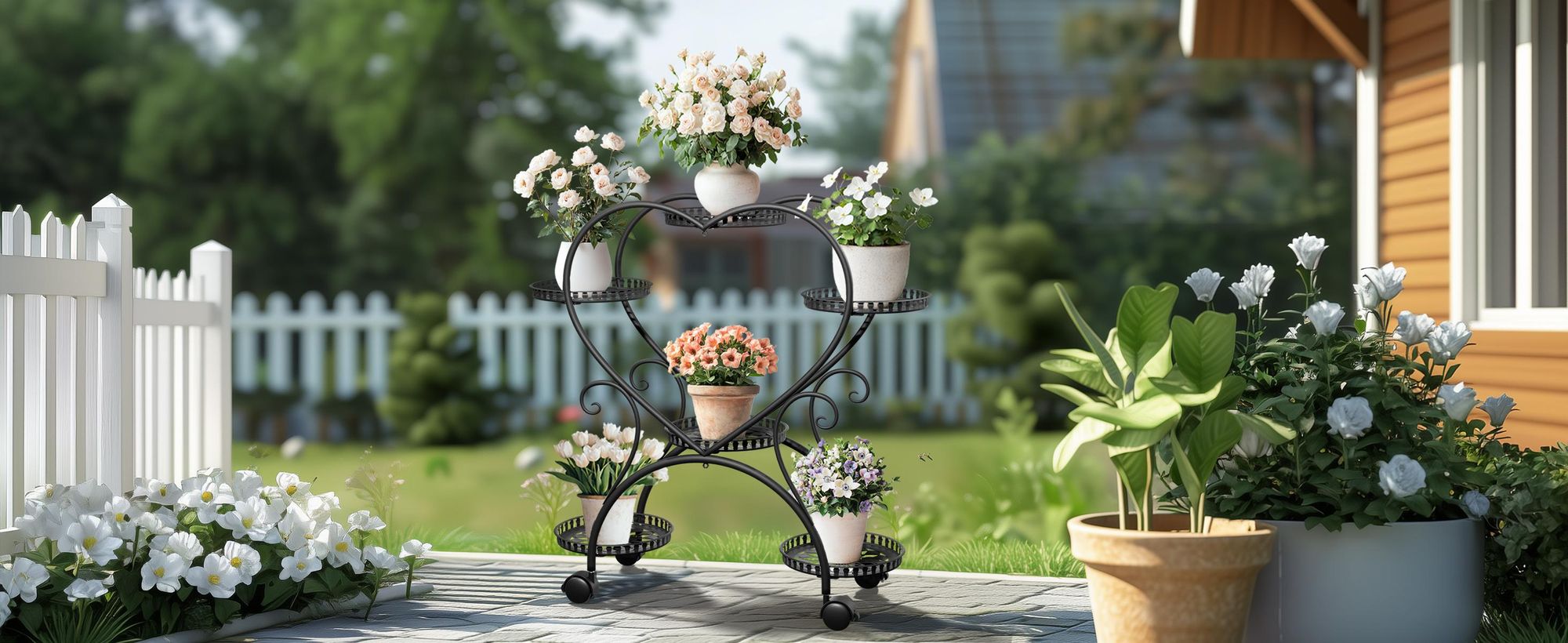WISFOR Blumenständer Rollbar, Pflanzenregal für 6 Blumentöpfe, Pflanzenständer Blumenregal für Indoor Balkon Wohzimmer Garten, Schwarz