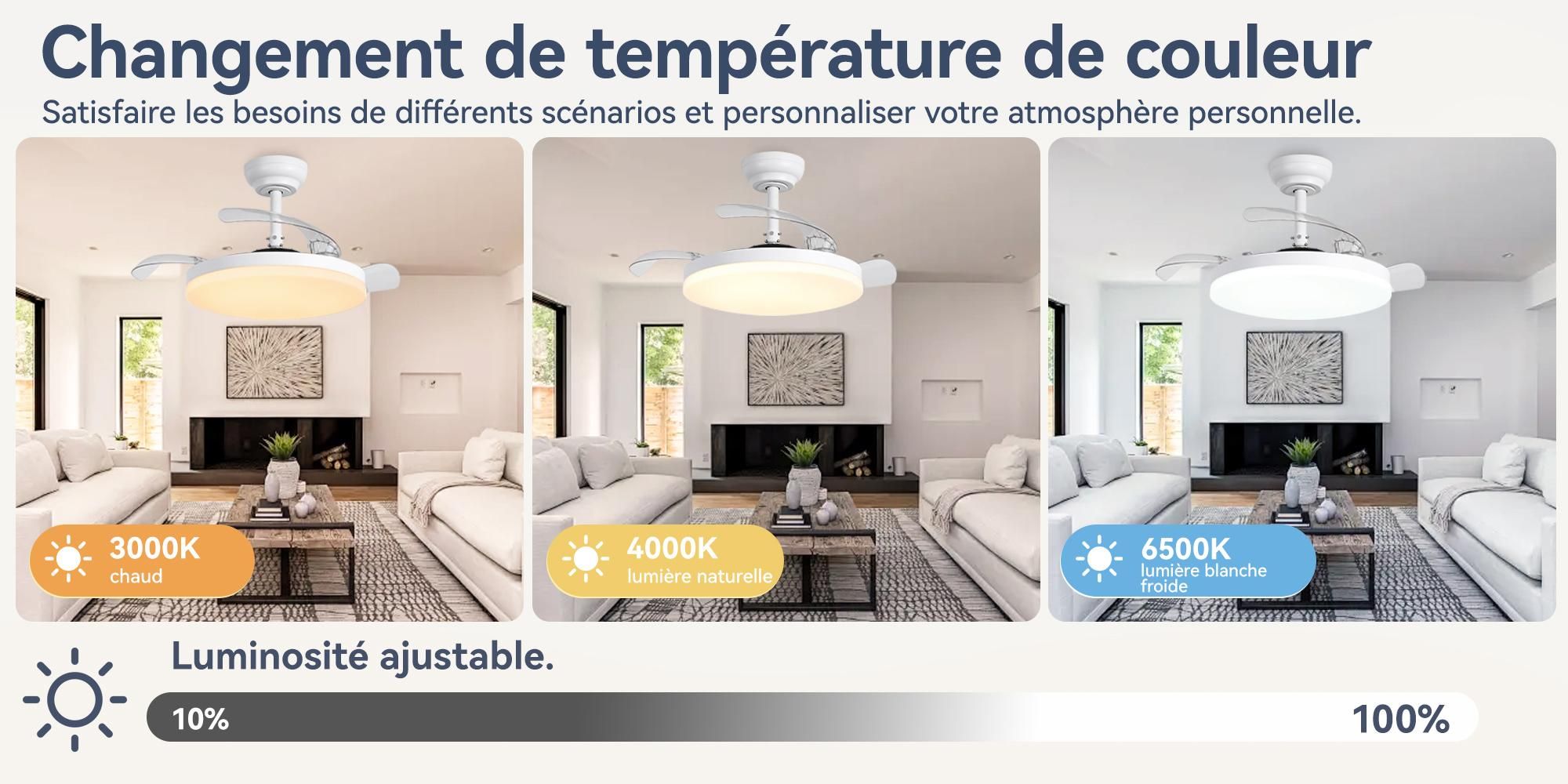 Ventilateur de plafond Parrot Uncle avec éclairage et télécommande, pales rétractables de 91 cm, blanc, LED à intensité variable, 3 couleurs de lumière, 6 vitesses