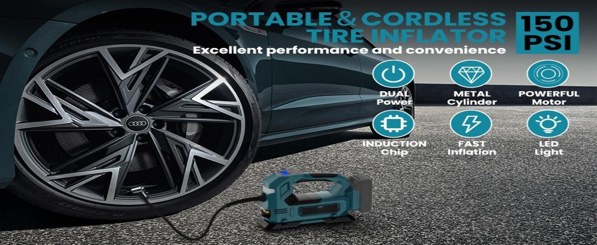 Elektrische Luftpumpe für Makita 18V-Akku,150PSI,Akku-Kompressor mit LED-Leuchte Digitalem Manometer für Auto,Motorräder,Fahrräder,Bälle,ohne Akku